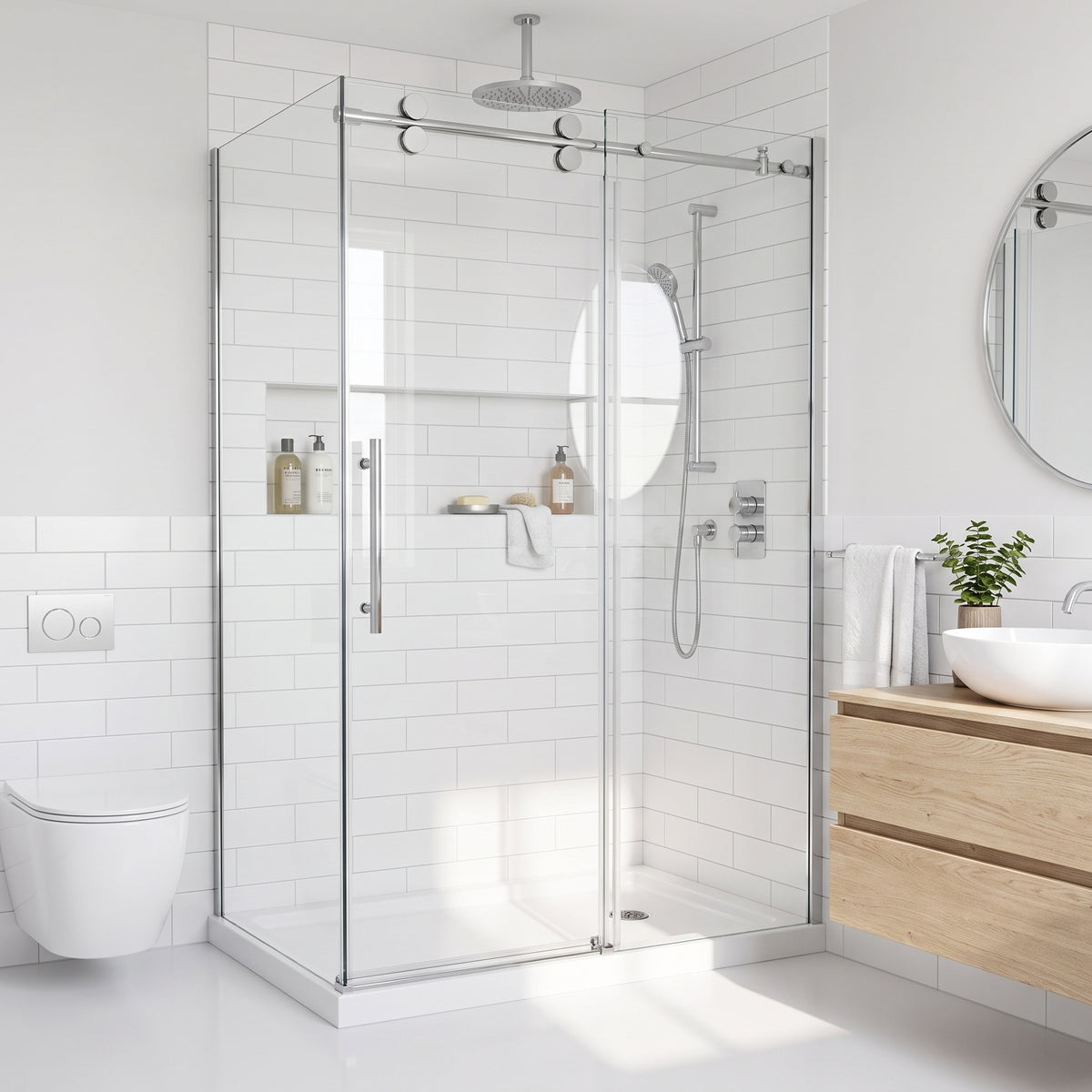 Porte de douche coulissante en coin réversible 48po x 32po x 75po en chrome avec quincaillerie ronde et verre trempé 10mm