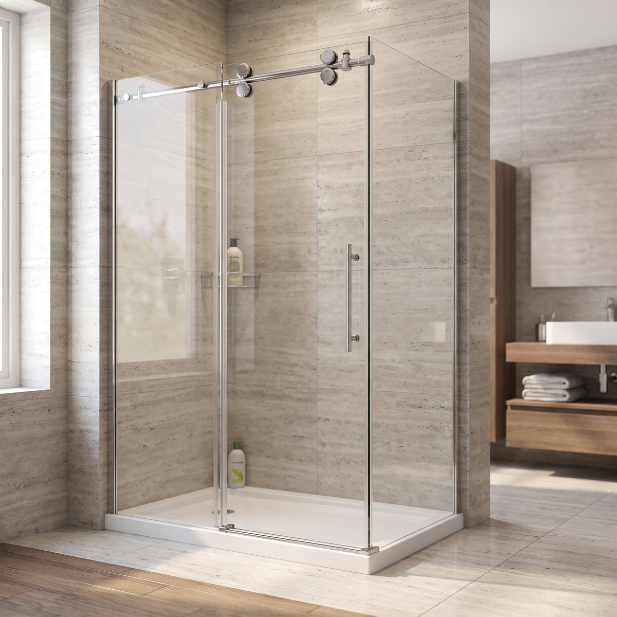 Porte de douche coulissante en coin réversible 48po x 32po x 75po en chrome avec quincaillerie ronde et verre trempé 10mm