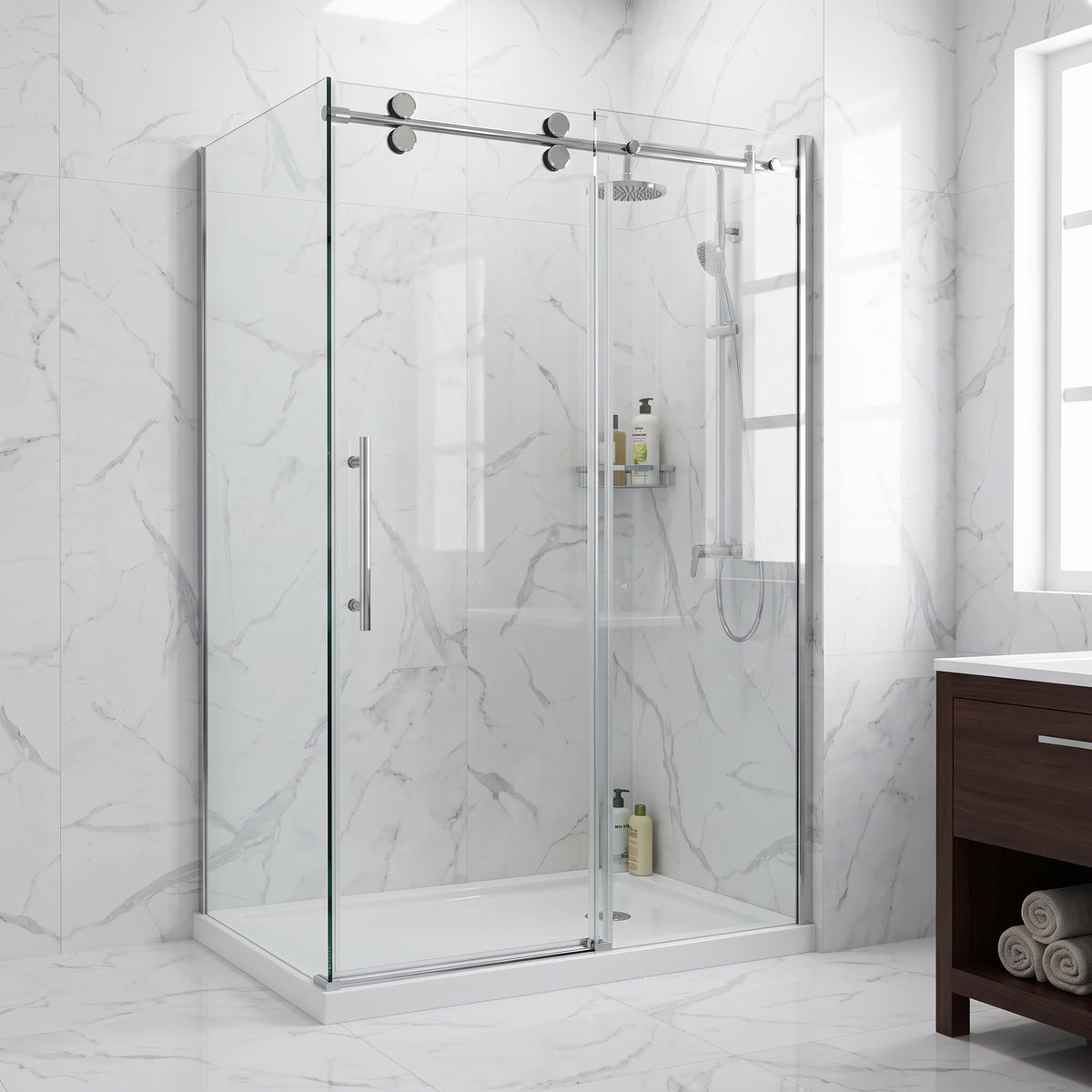 Porte de douche coulissante en coin réversible 48po x 32po x 75po en chrome avec quincaillerie ronde et verre trempé 10mm