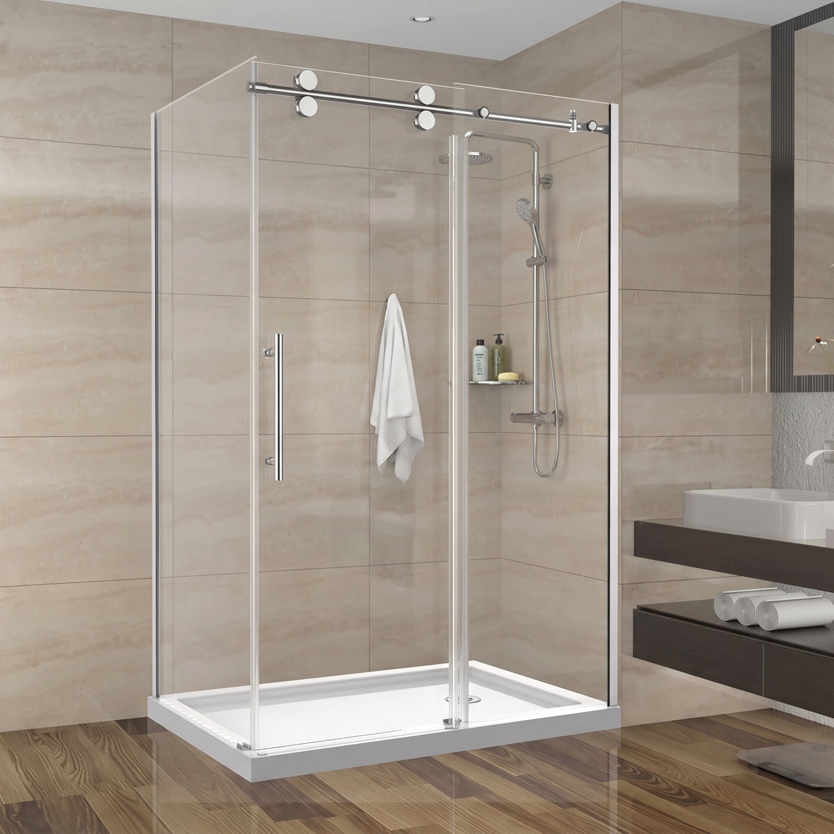 Porte de douche coulissante en coin réversible 48po x 32po x 75po en chrome avec quincaillerie ronde et verre trempé 10mm