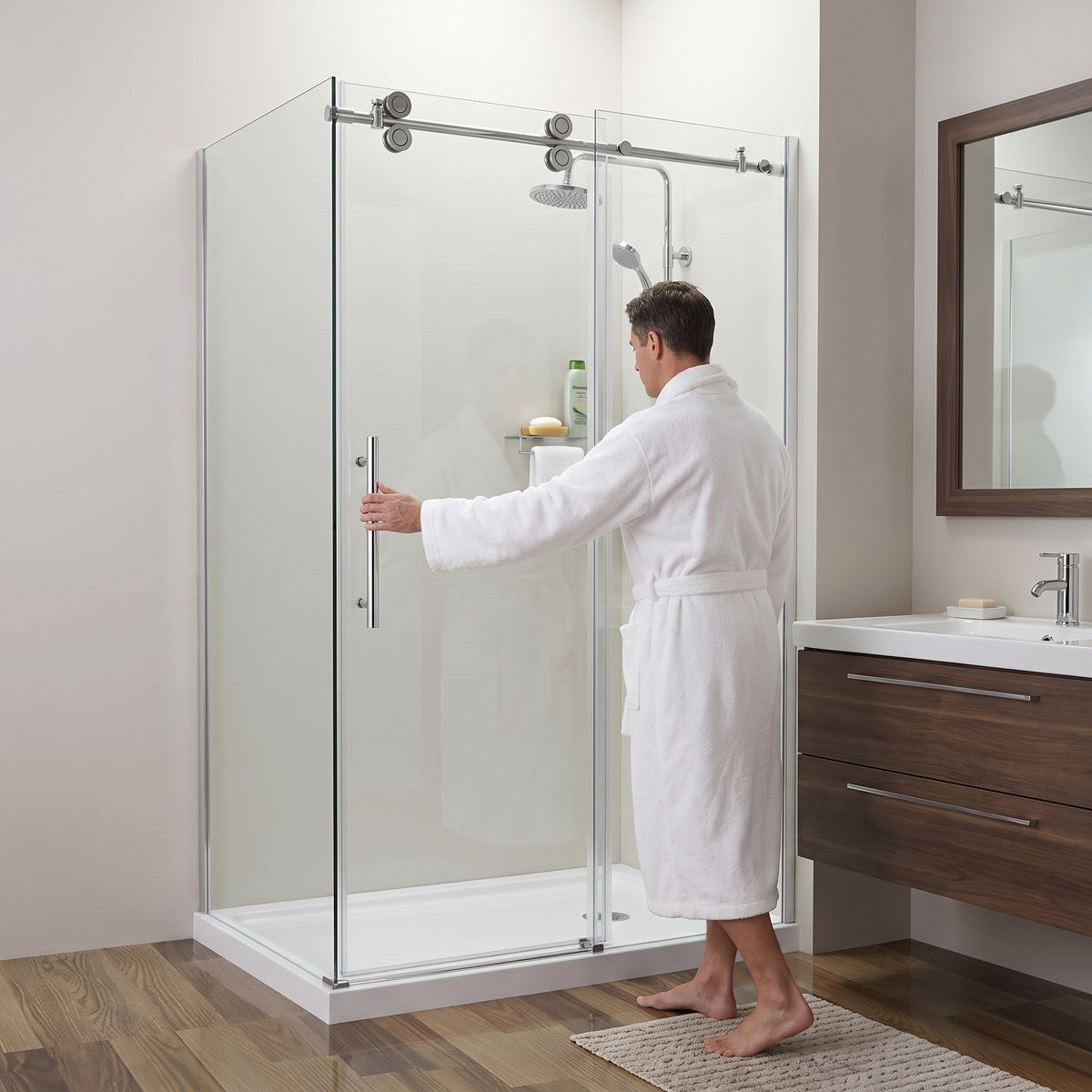 Porte de douche coulissante en coin réversible 48po x 32po x 75po en chrome avec quincaillerie ronde et verre trempé 10mm
