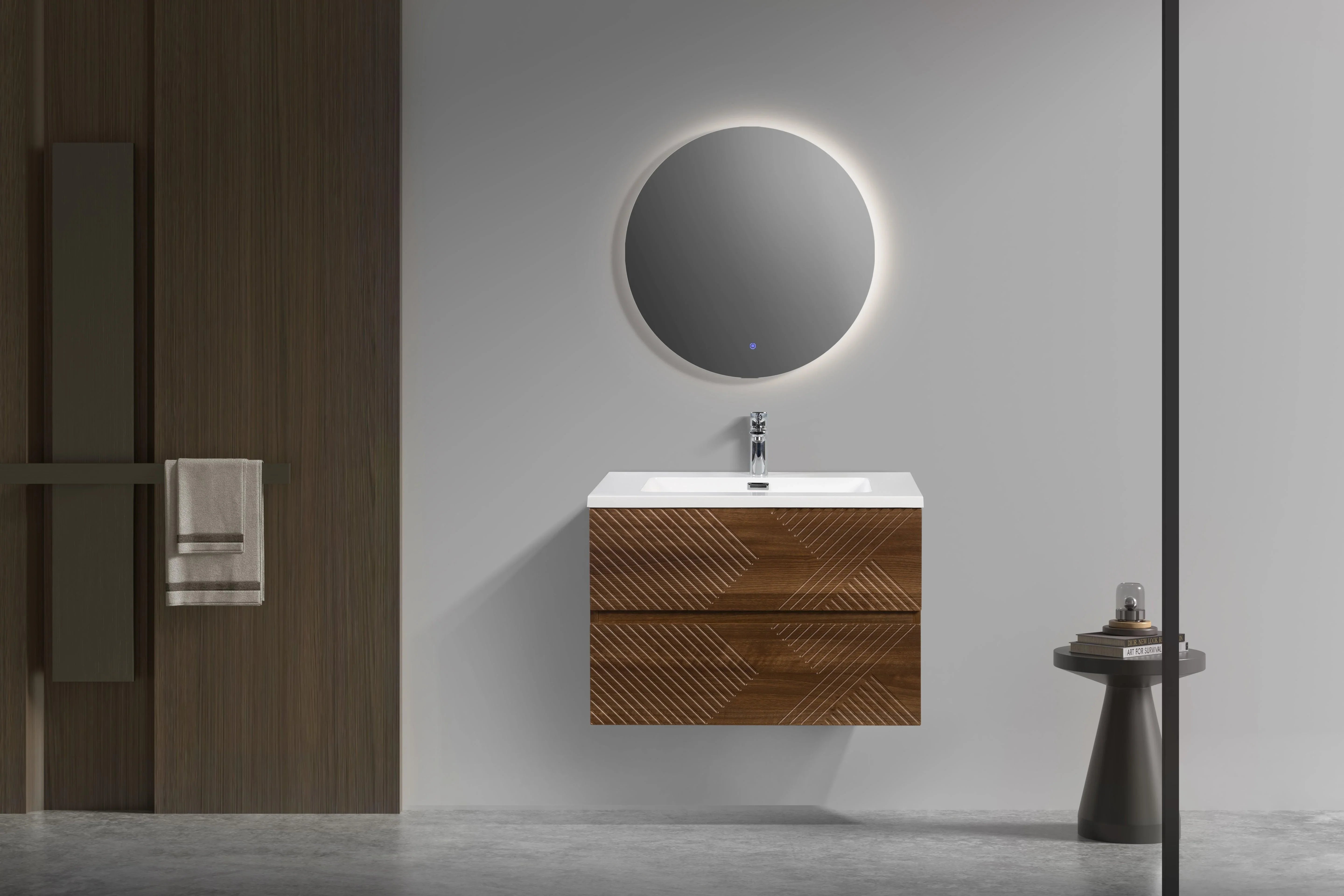 30" Walnut Wall Mount Single Sink Bathroom Vanity with White Polymarble Countertop