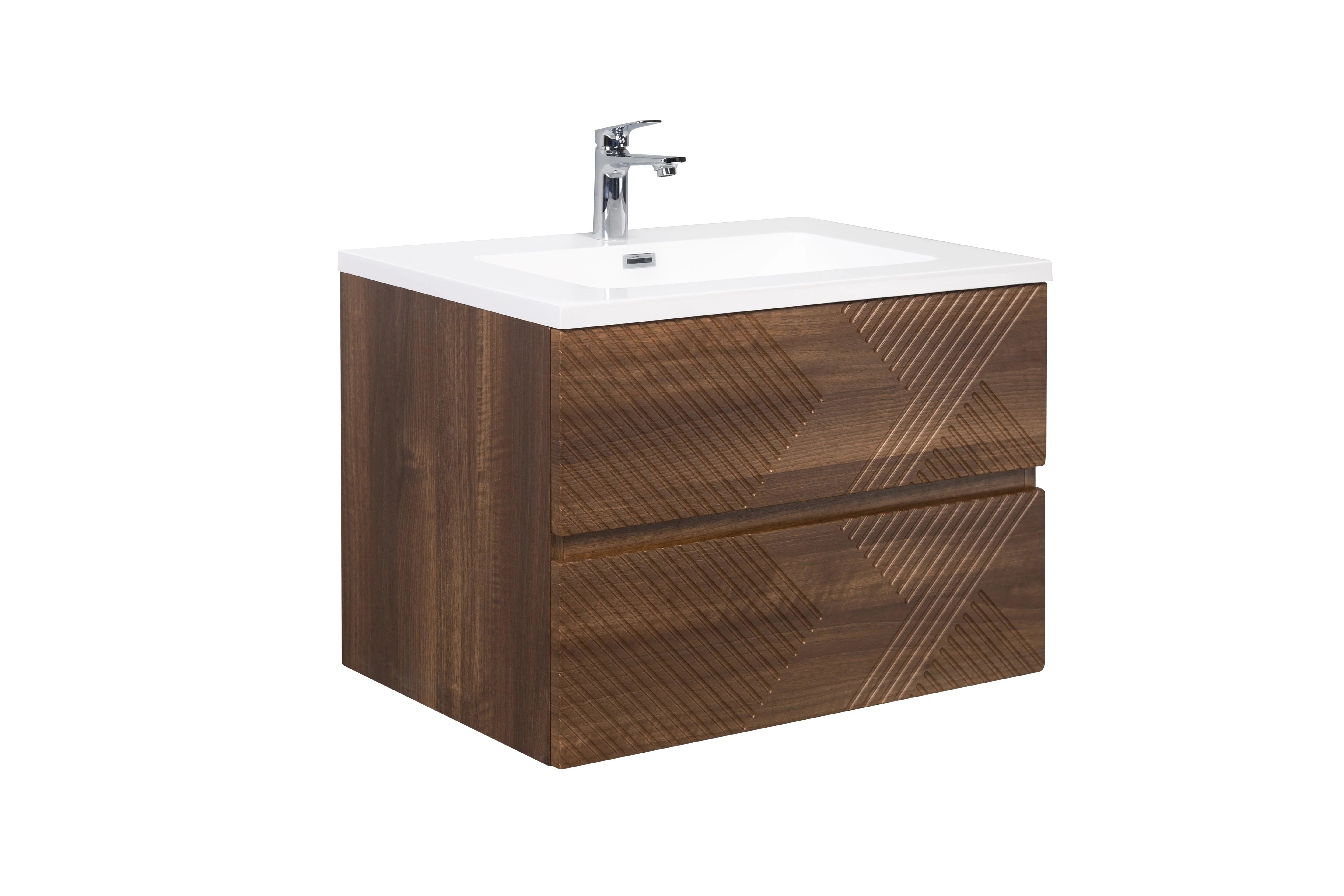 30" Walnut Wall Mount Single Sink Bathroom Vanity with White Polymarble Countertop