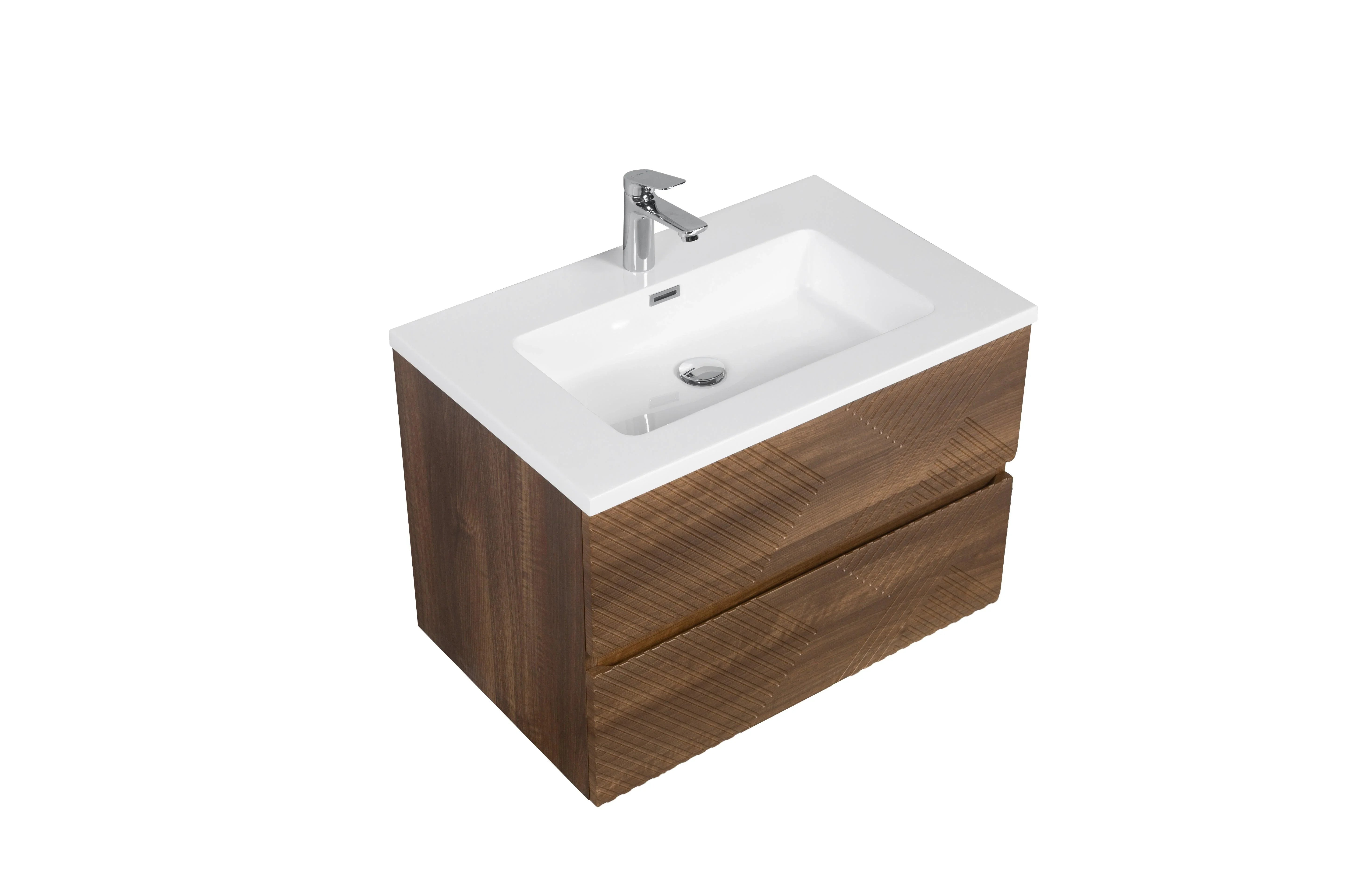 30" Walnut Wall Mount Single Sink Bathroom Vanity with White Polymarble Countertop