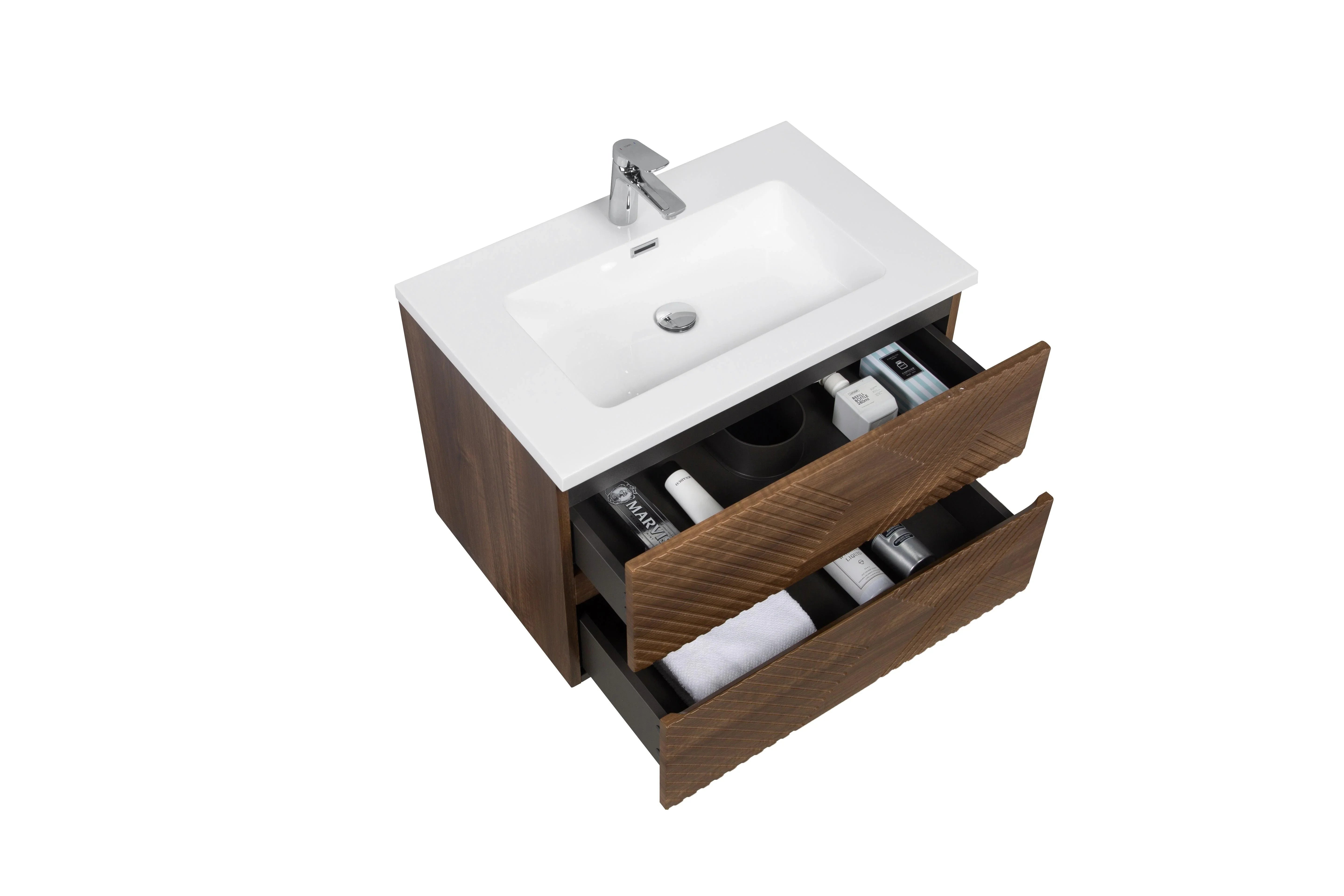 30" Walnut Wall Mount Single Sink Bathroom Vanity with White Polymarble Countertop