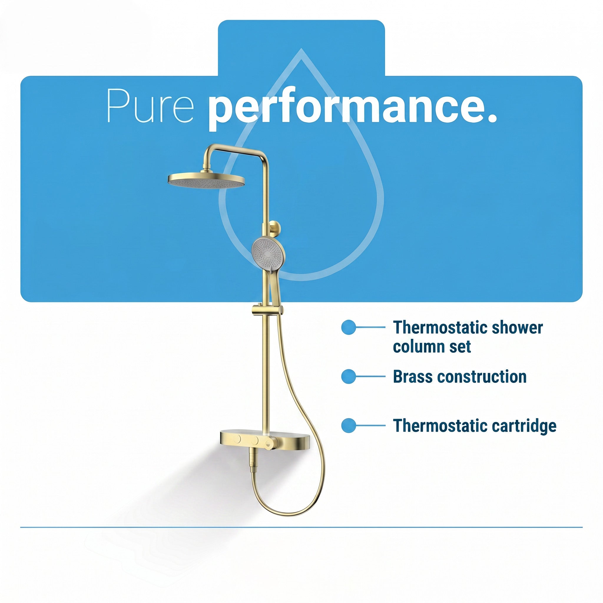 Halo Brushed Gold Thermostatic Shower Column with 2-Function Hand Shower