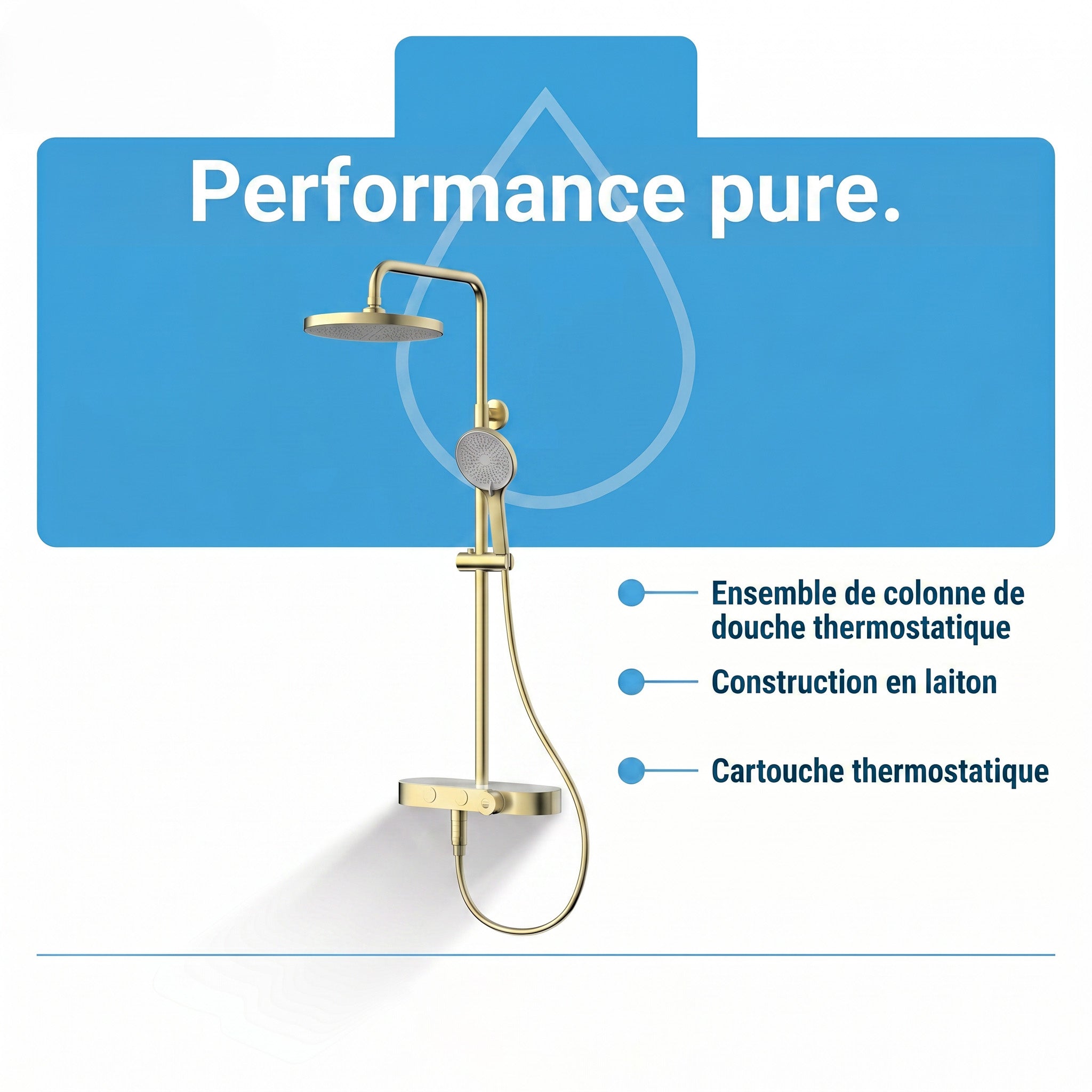 Halo Brushed Gold Thermostatic Shower Column with 2-Function Hand Shower