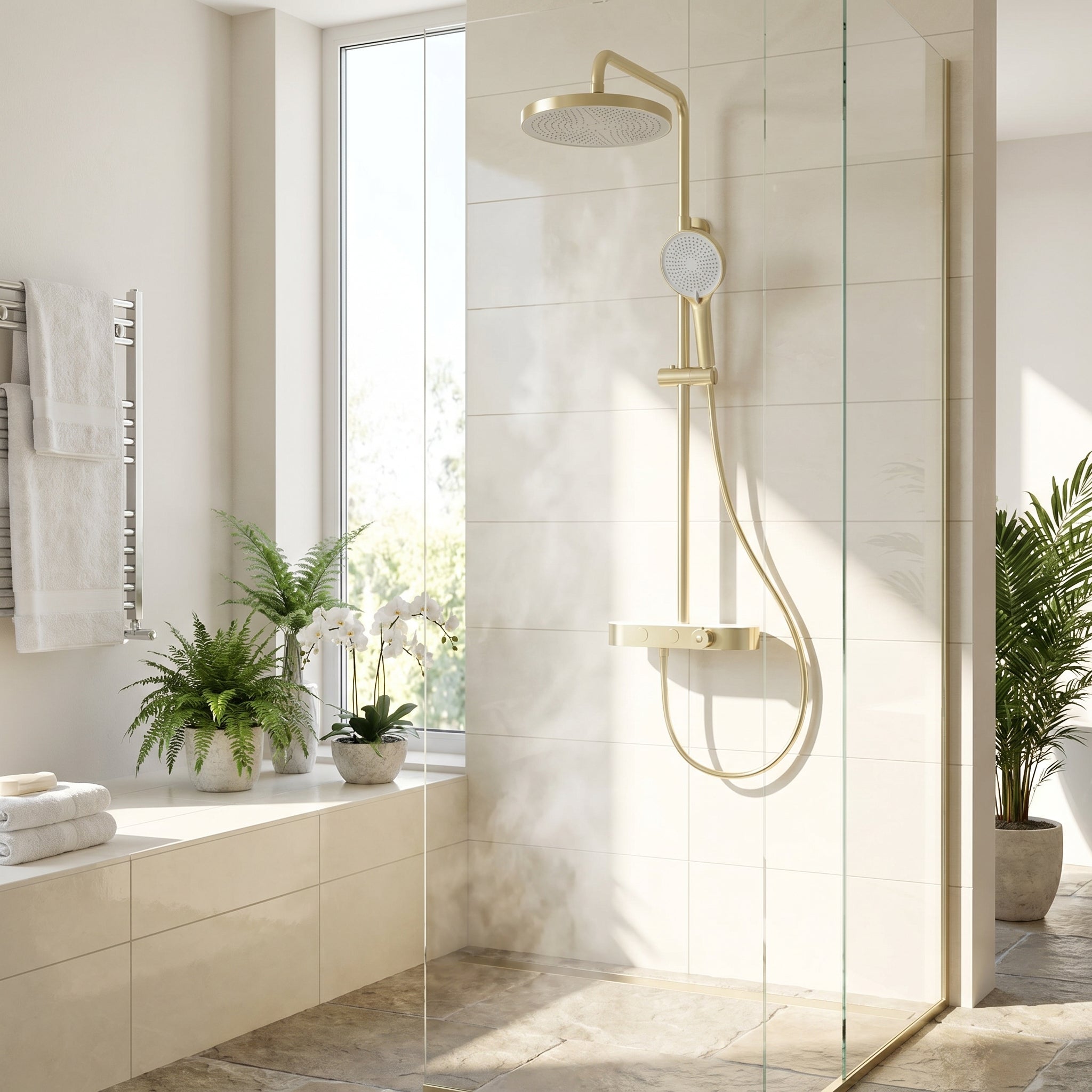Colonne de douche Halo en Or Brossé avec Thermostatique et Douchette 2 Jets