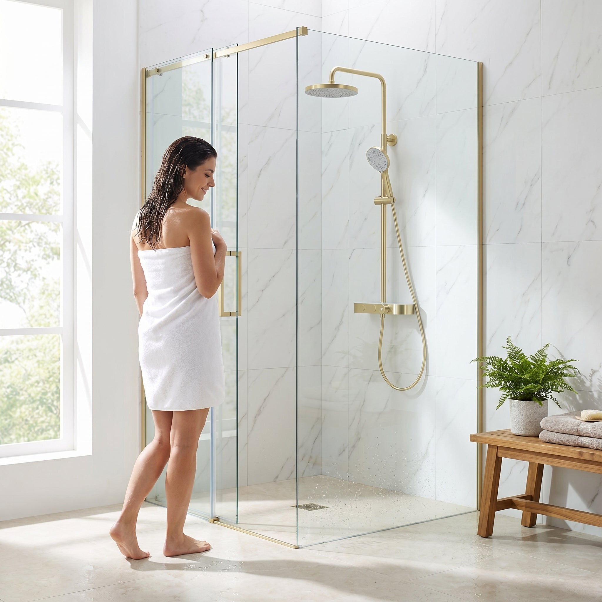 Halo Brushed Gold Thermostatic Shower Column with 2-Function Hand Shower