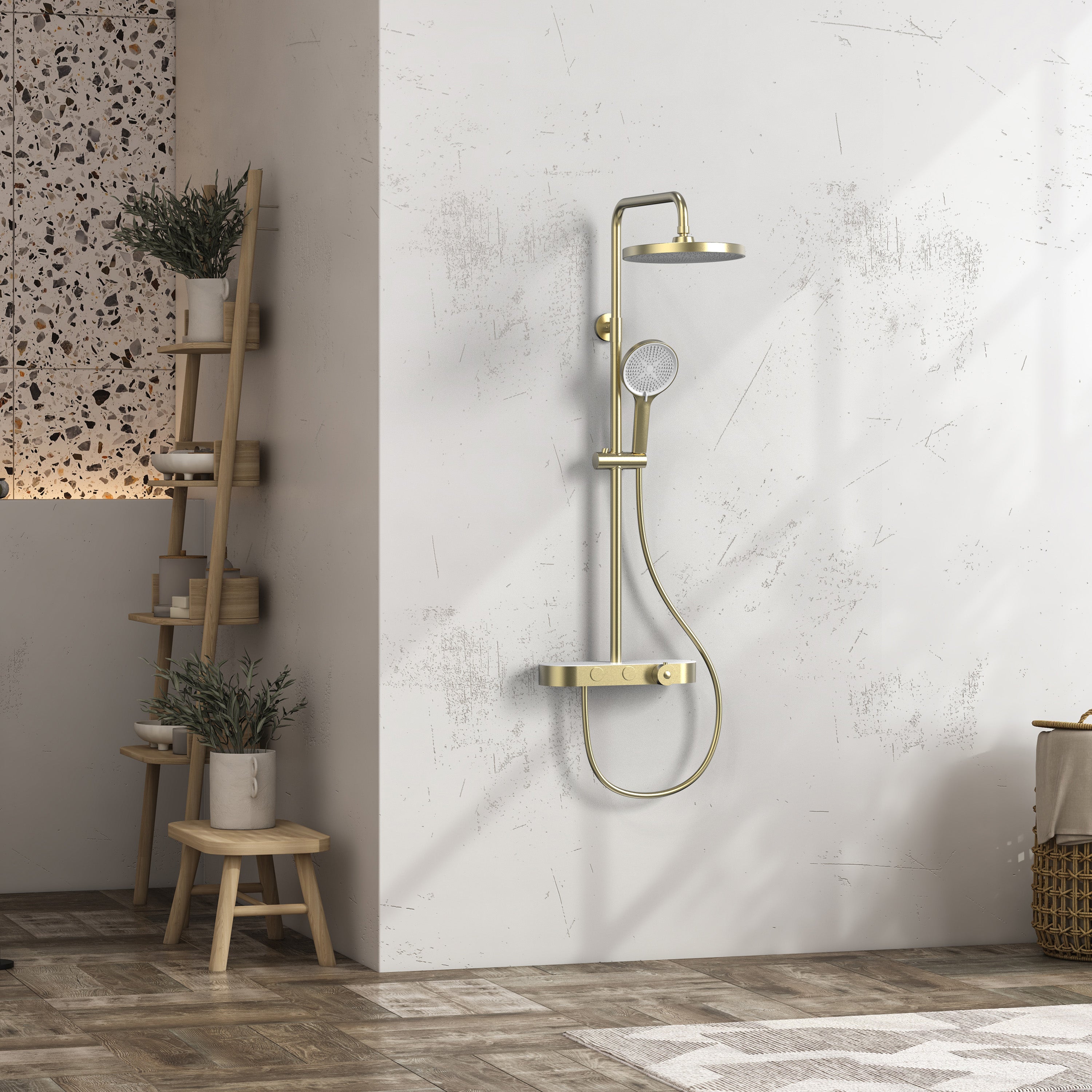 Halo Brushed Gold Thermostatic Shower Column with 2-Function Hand Shower