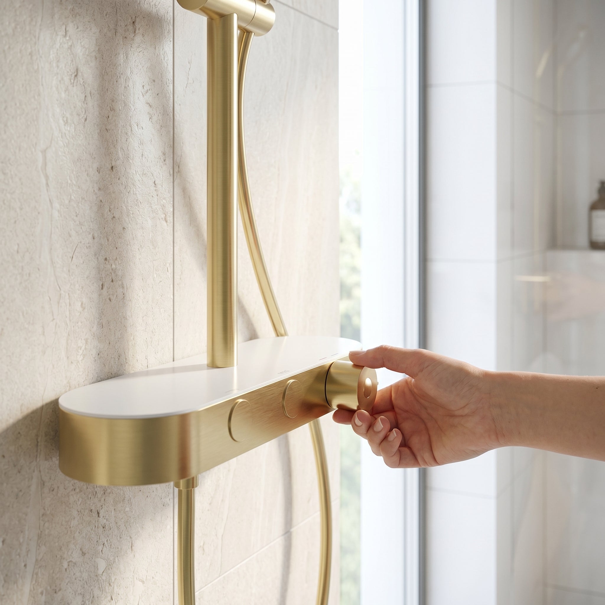 Halo Brushed Gold Thermostatic Shower Column with 2-Function Hand Shower