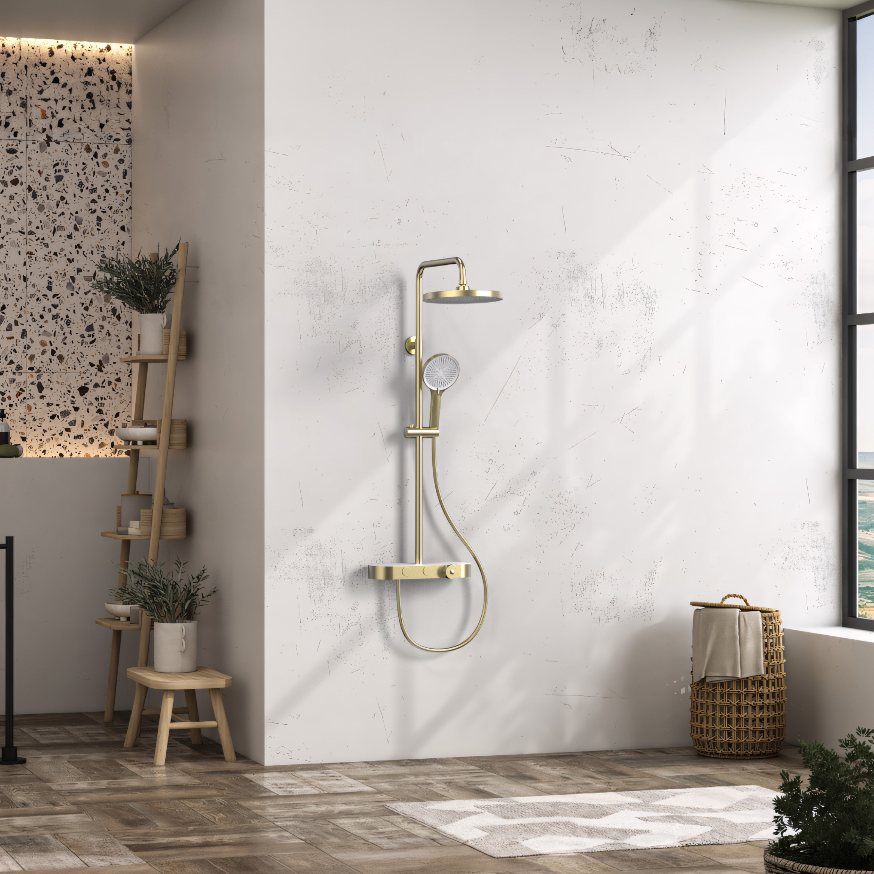 Halo Brushed Gold Thermostatic Shower Column with 2-Function Hand Shower