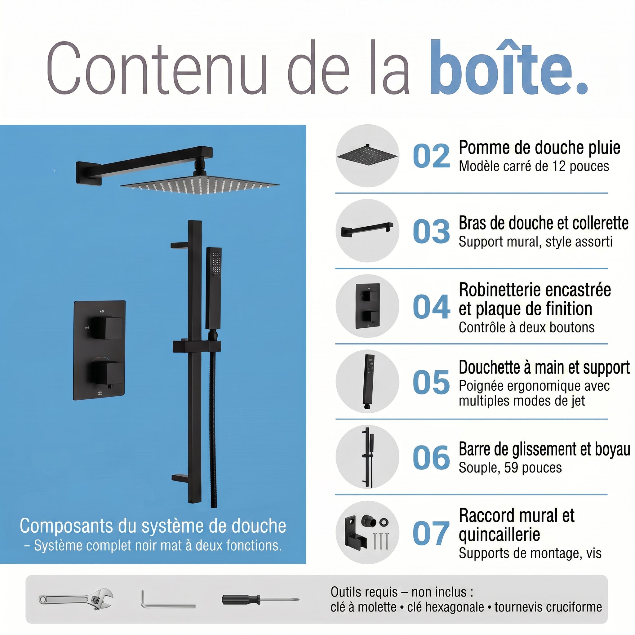 Ensemble de Douche Barbados Noir Mat 2 Fonctions Thermostatique