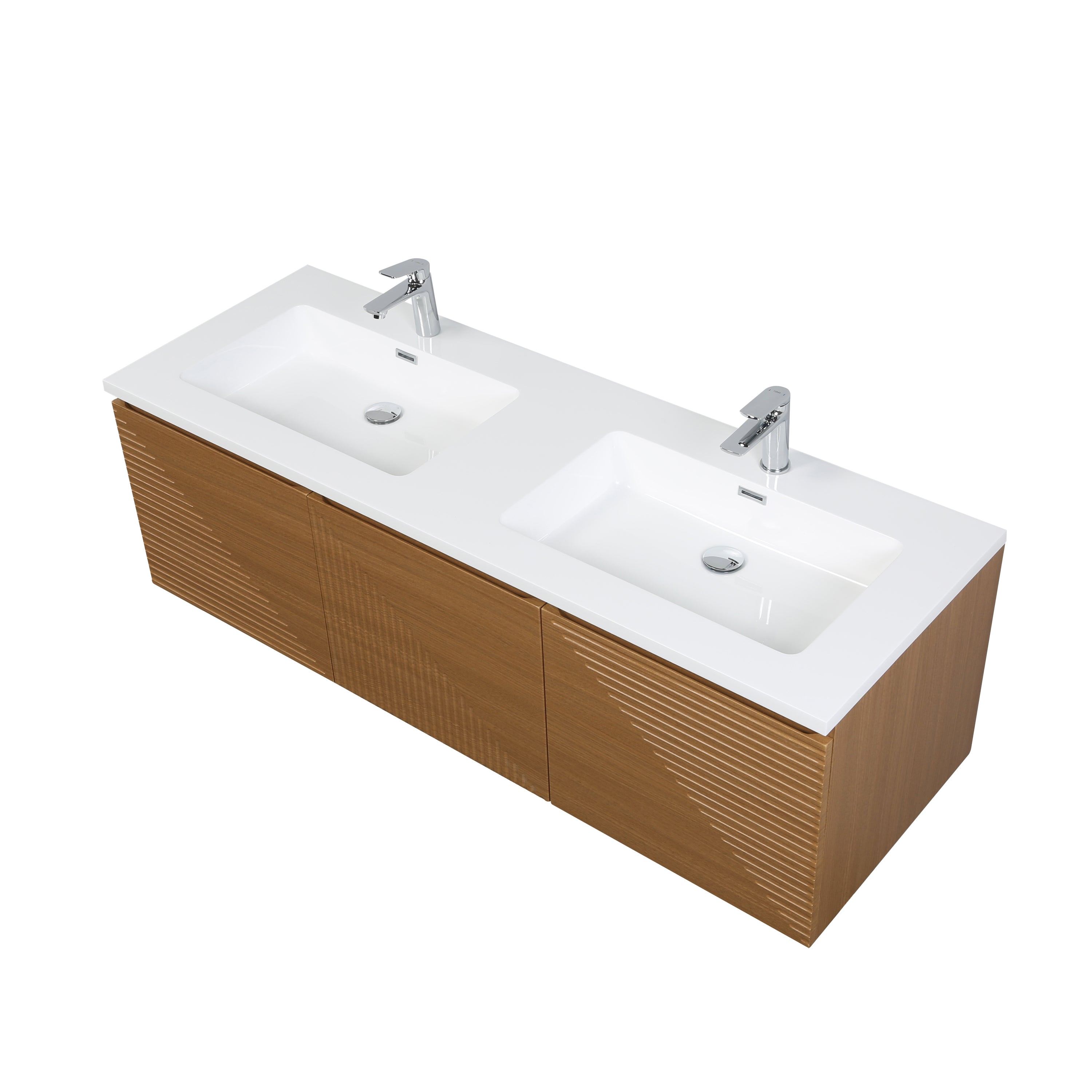 60" Light Oak Wall-Mounted Double Sink Bathroom Vanity with White Polymarble Countertop