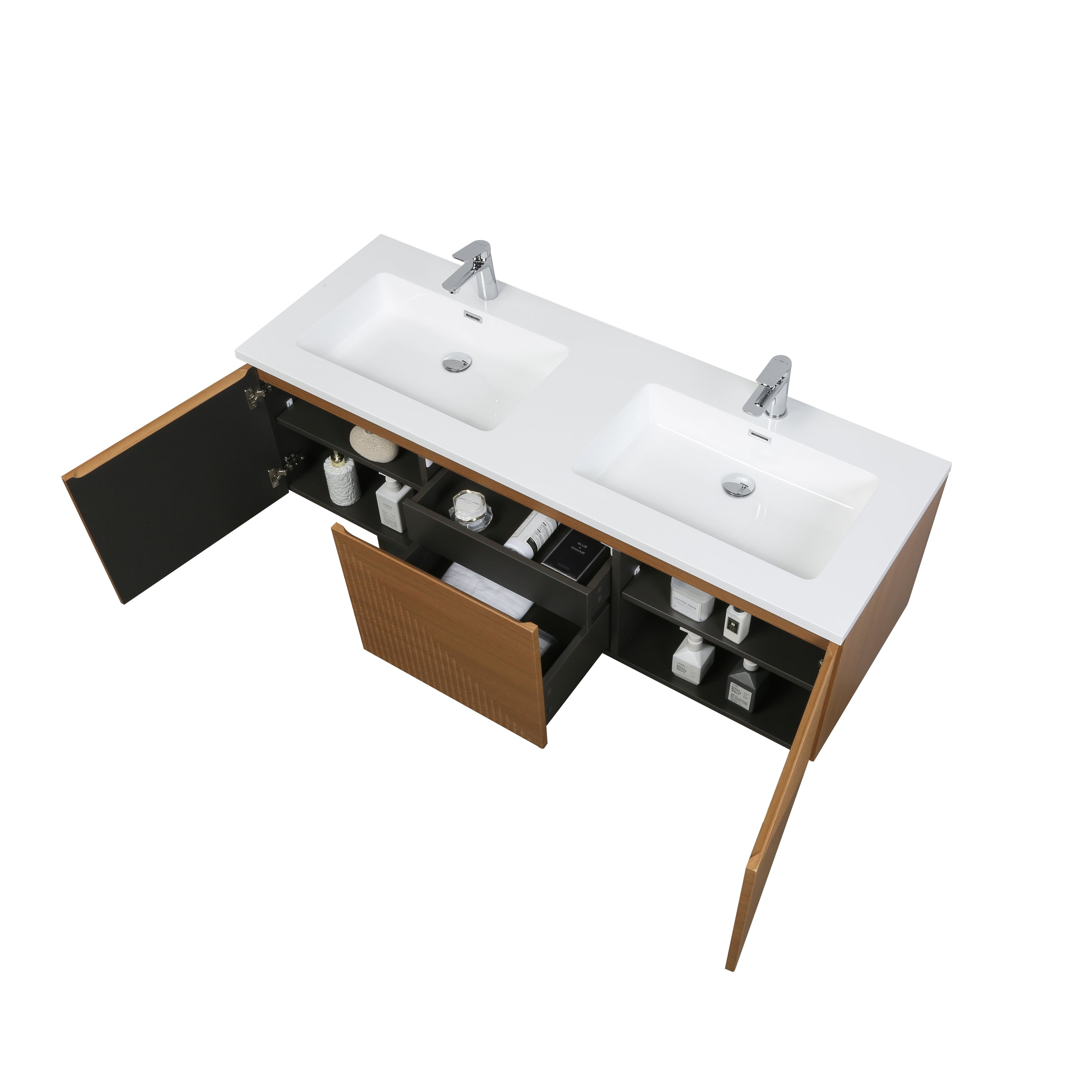 60" Light Oak Wall-Mounted Double Sink Bathroom Vanity with White Polymarble Countertop