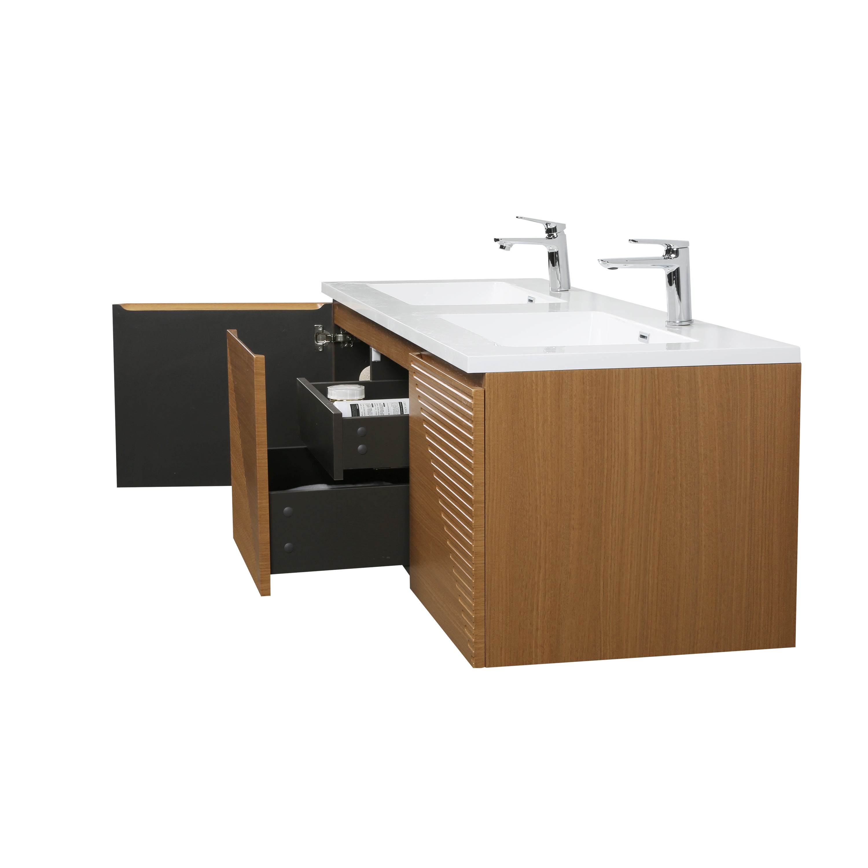 60" Light Oak Wall-Mounted Double Sink Bathroom Vanity with White Polymarble Countertop