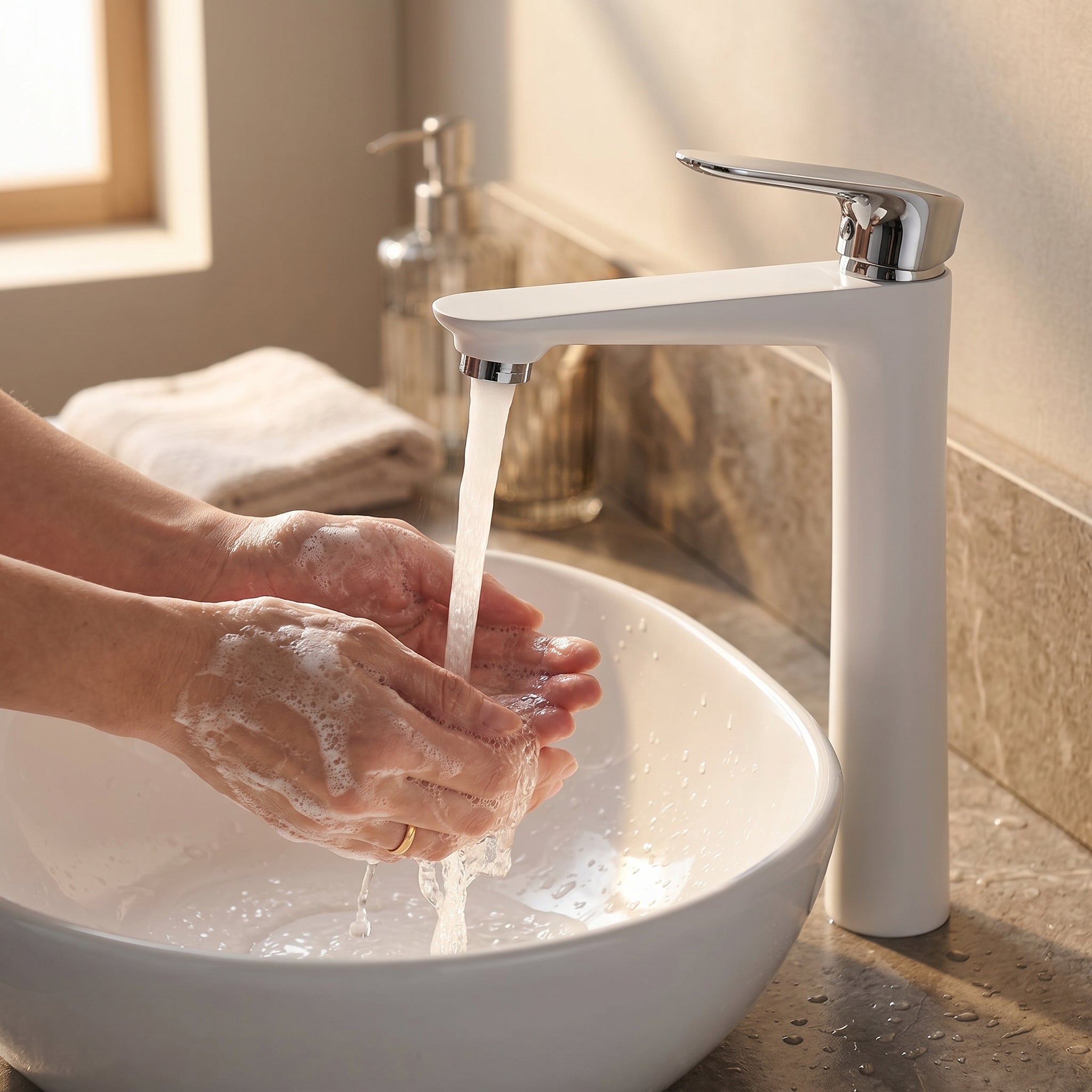 Santorini Single Handle Bathroom Sink Faucet in White and Chrome