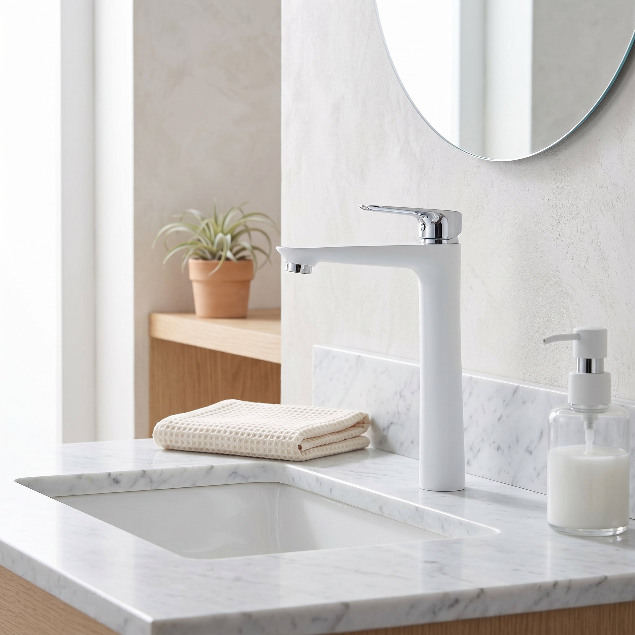 Santorini Single Handle Bathroom Sink Faucet in White and Chrome