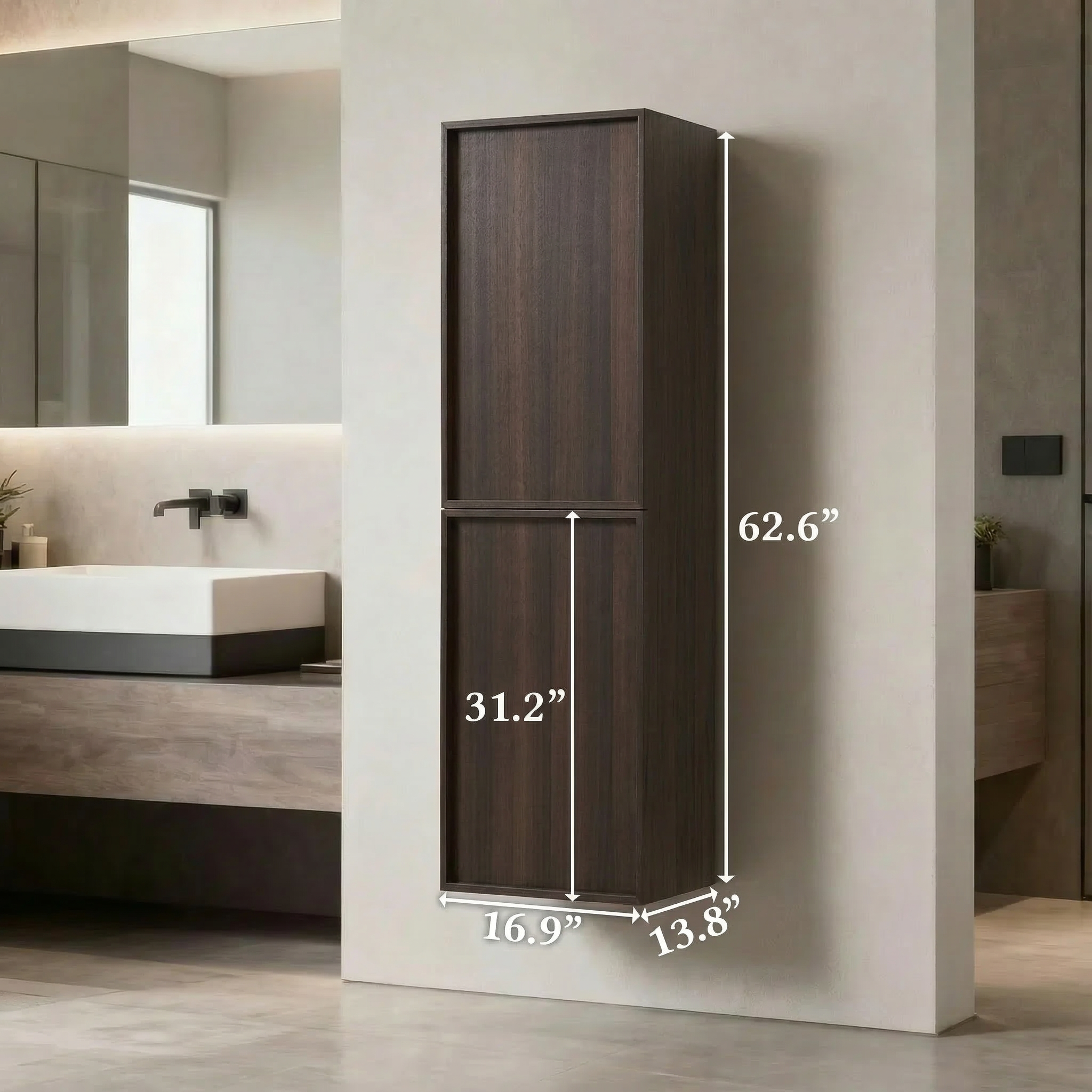 Armoire à linge sur pied 17po en chêne fumé avec portes à fermeture douce - Réversible