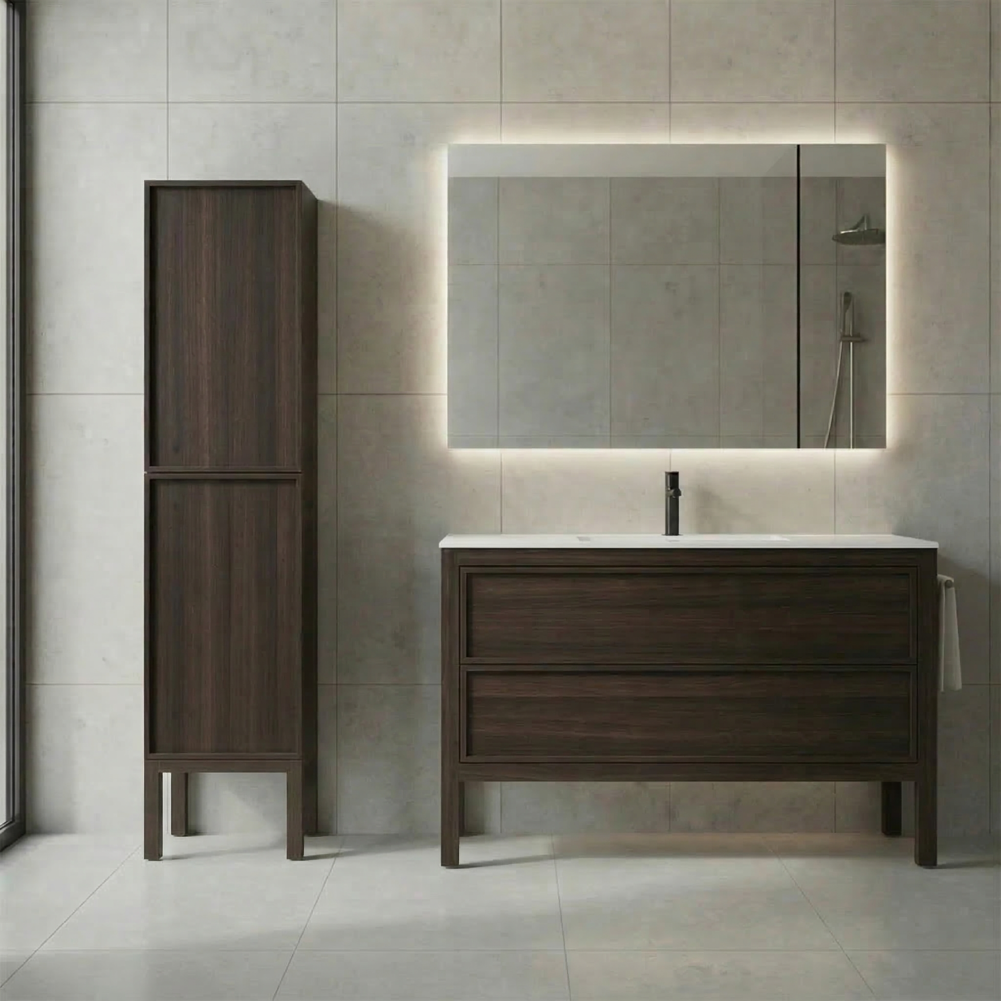 Armoire à linge sur pied 17po en chêne fumé avec portes à fermeture douce - Réversible