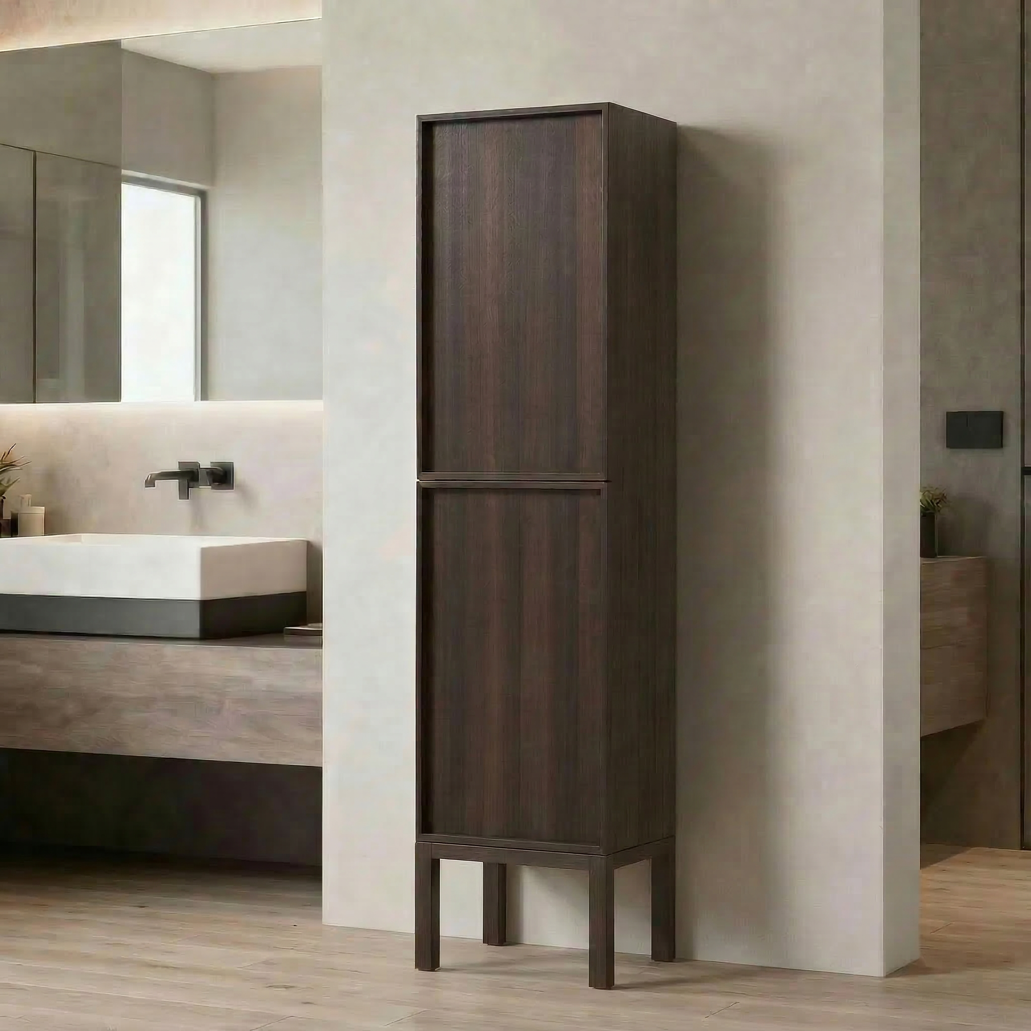 Armoire à linge sur pied 17po en chêne fumé avec portes à fermeture douce - Réversible