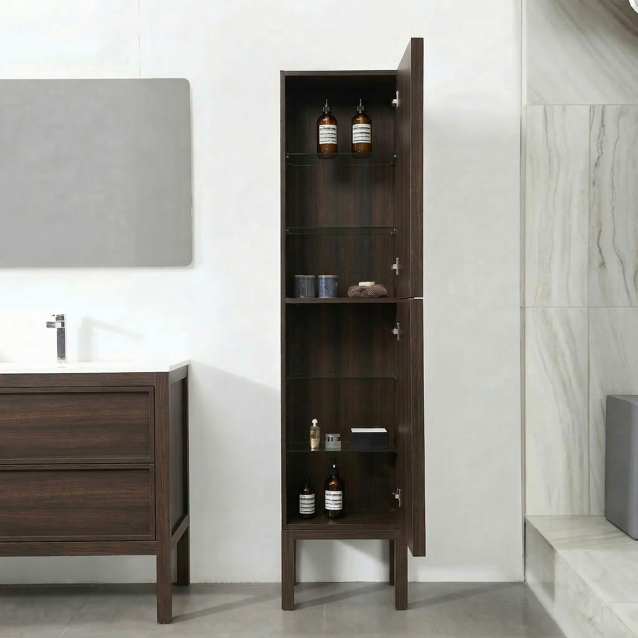 Armoire à linge sur pied 17po en chêne fumé avec portes à fermeture douce - Réversible