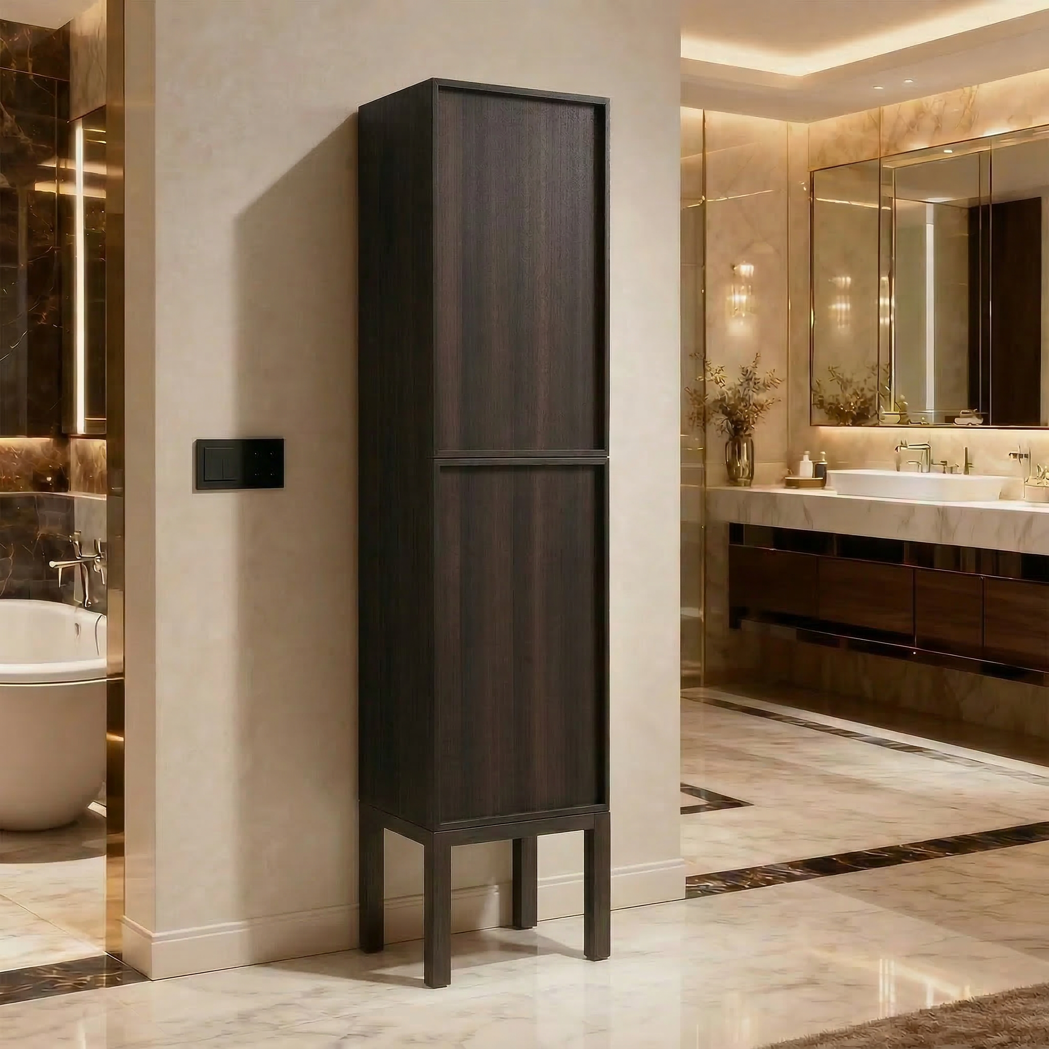 Armoire à linge sur pied 17po en chêne fumé avec portes à fermeture douce - Réversible
