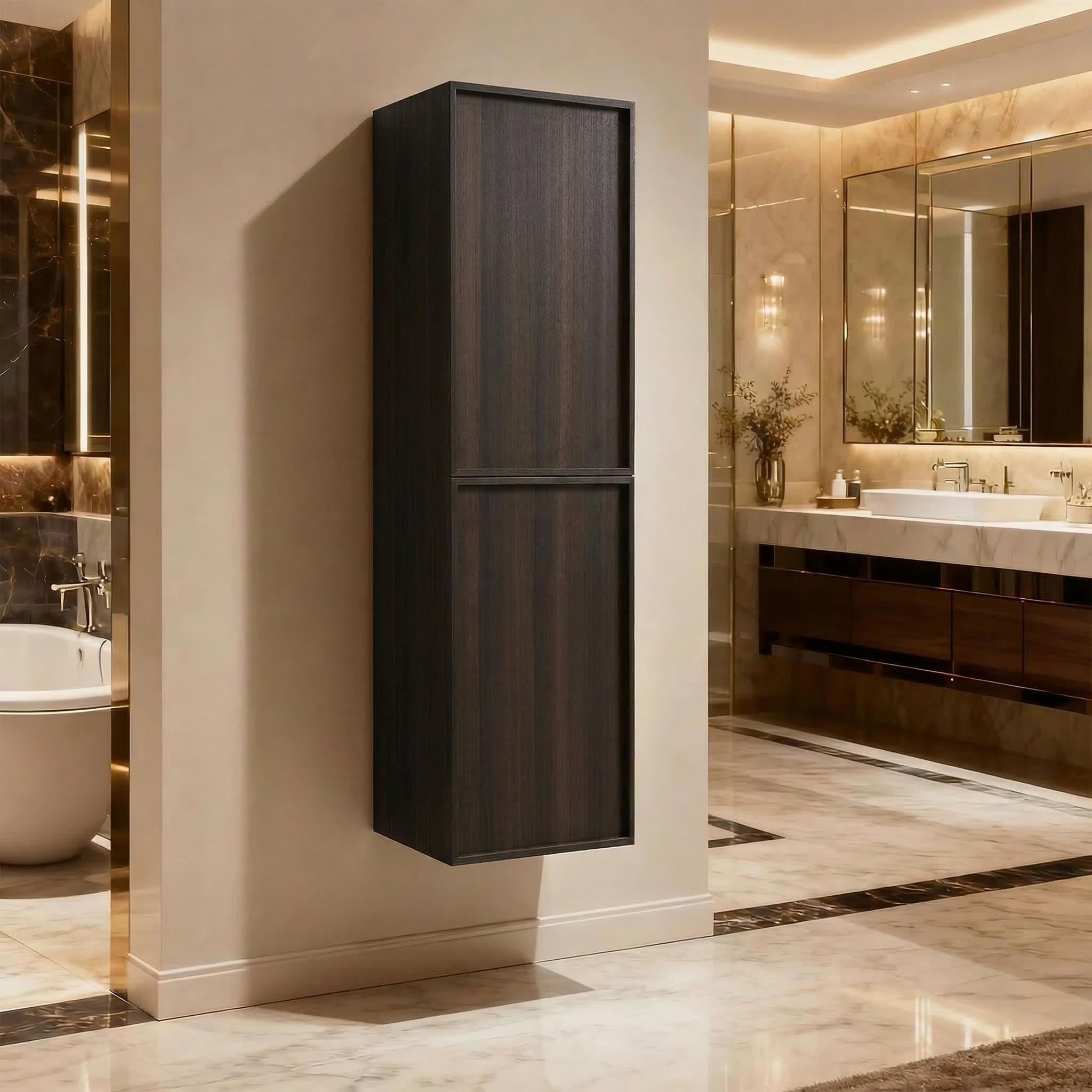 Armoire à linge sur pied 17po en chêne fumé avec portes à fermeture douce - Réversible