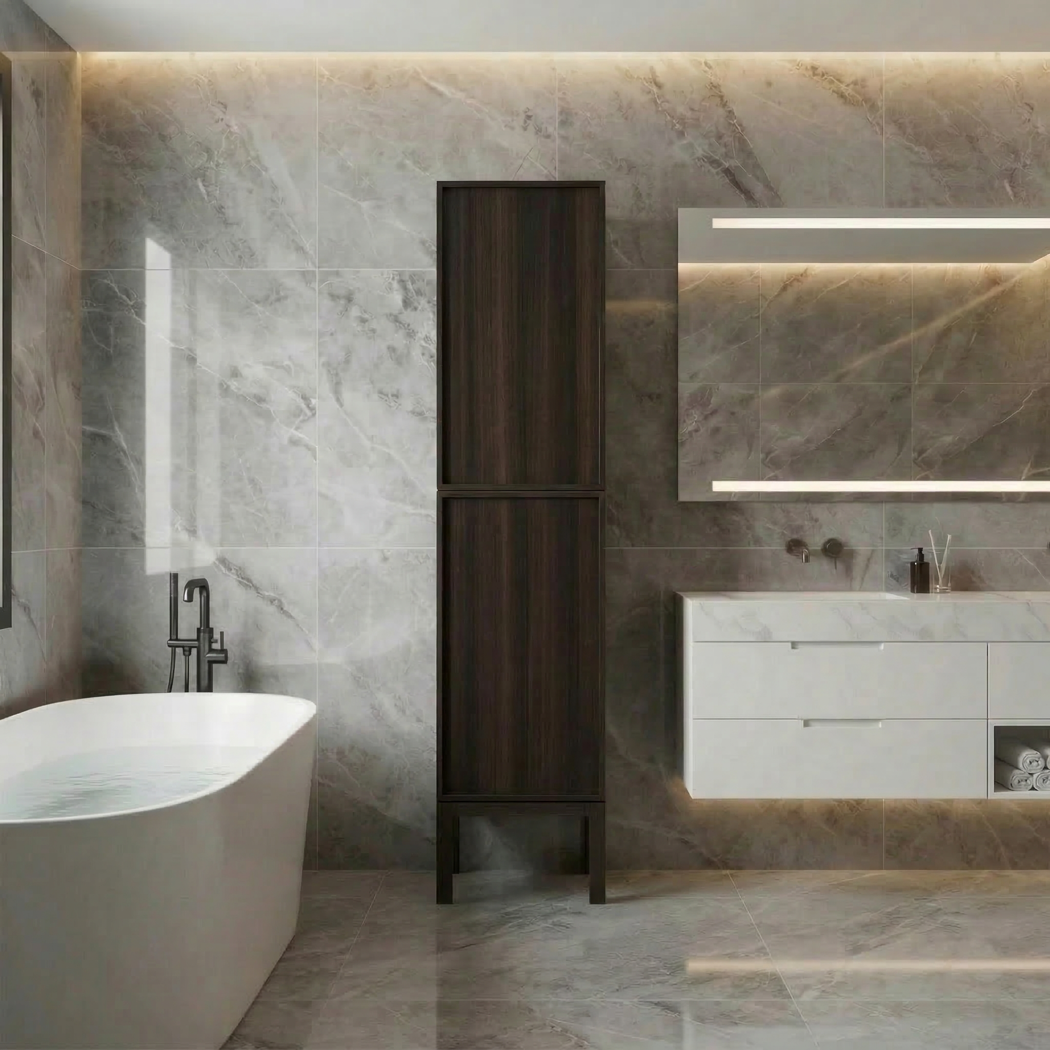 17" Smoked Oak Freestanding Linen Cabinet with Soft-Close Doors - Reversible