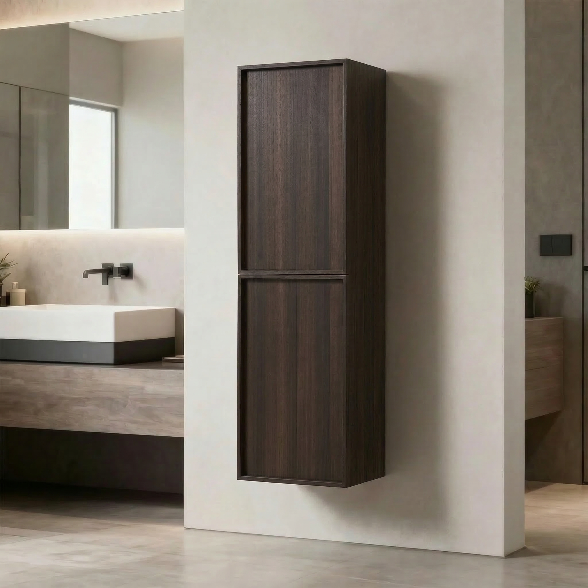 Armoire à linge sur pied 17po en chêne fumé avec portes à fermeture douce - Réversible