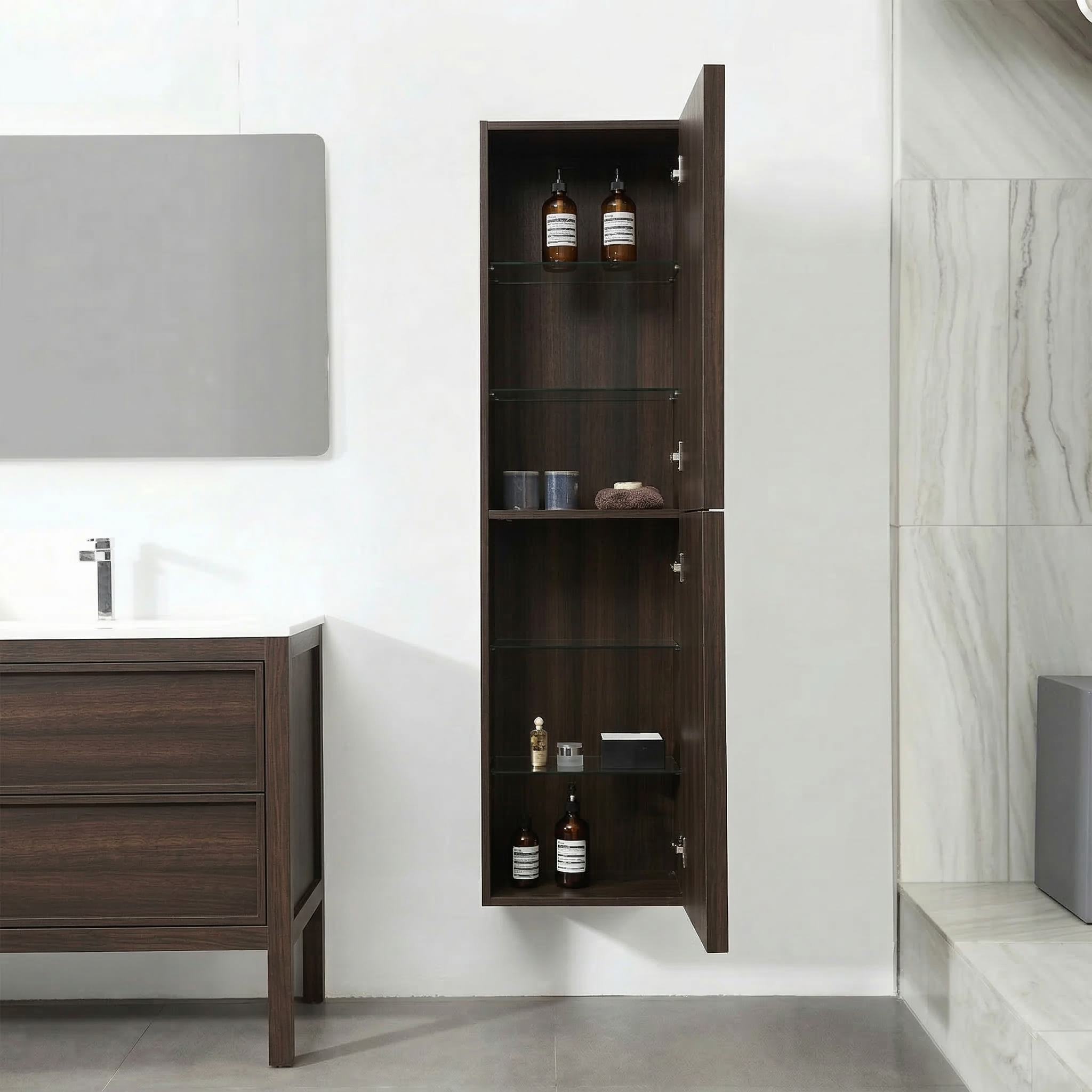 Armoire à linge sur pied 17po en chêne fumé avec portes à fermeture douce - Réversible