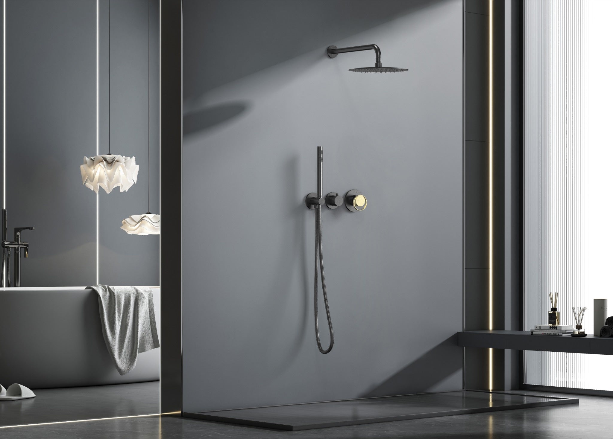Ensemble de douche Luna 2 fonctions à pression équilibrée - Noir mat et or