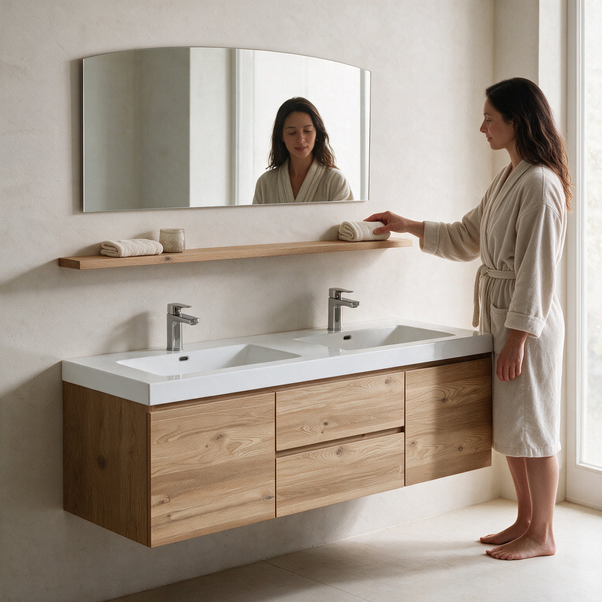 60-Inch Rough Oak Wall-Mount Bathroom Shelf
