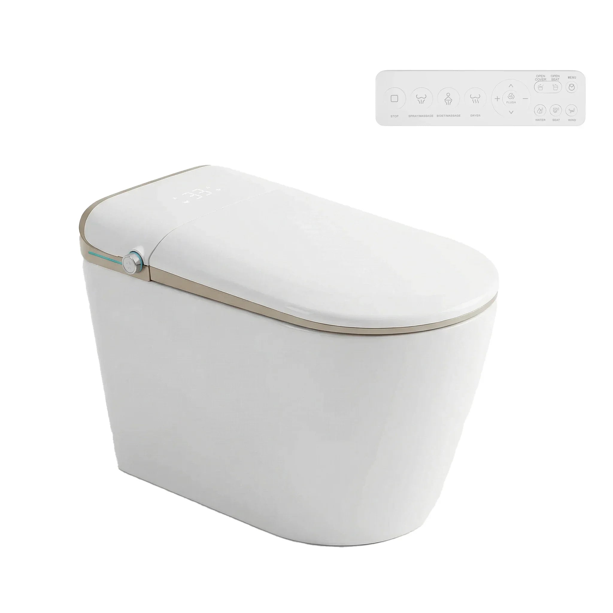 SERA Sigma Toilette-bidet intelligente, toilette monopièce avec chasse automatique à jet, couvercle à ouverture/fermeture automatique, lavage à l’eau tiède, séchage à air chaud, siège chauffant – Finition dorée