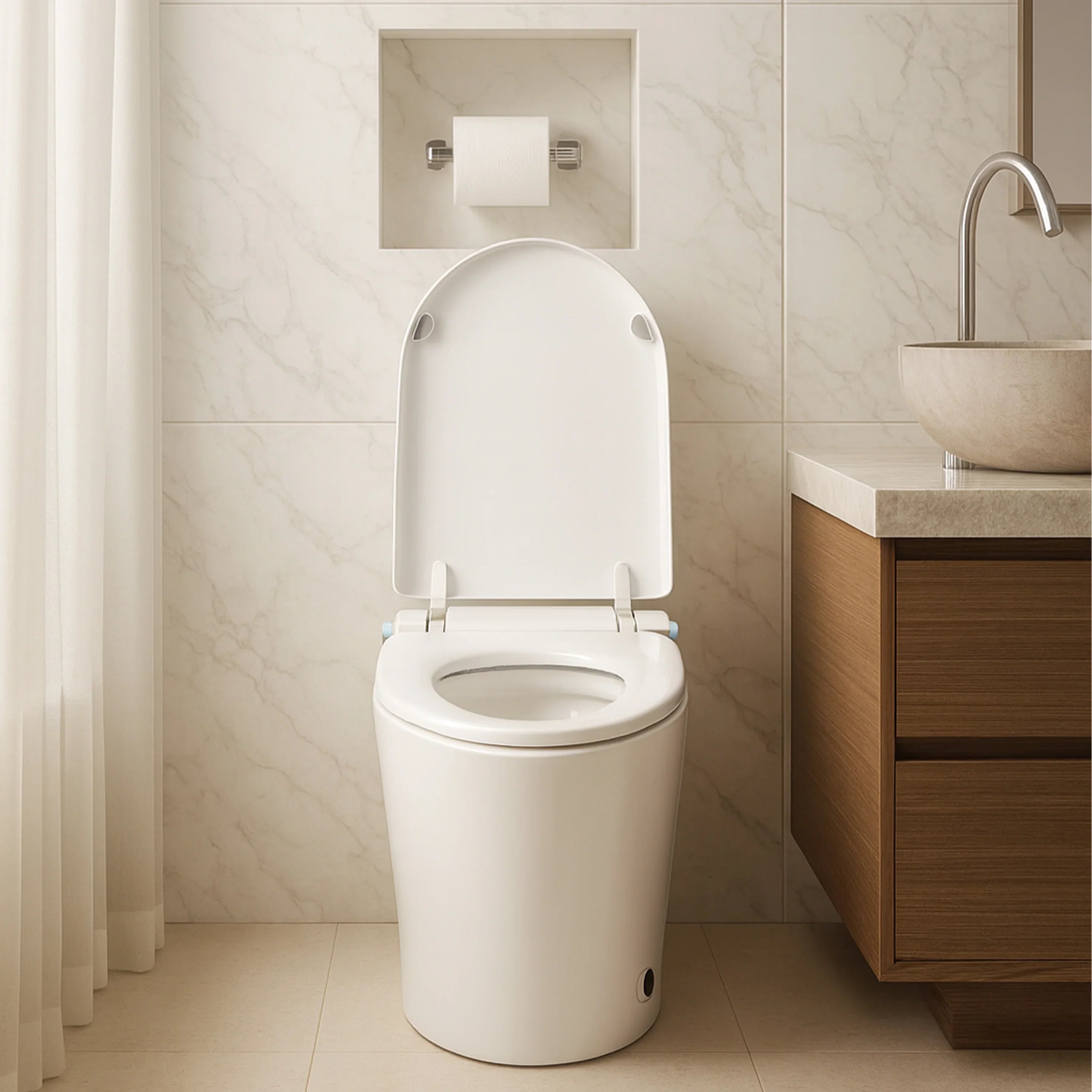 SERA Sigma Toilette-bidet intelligente, toilette monopièce avec chasse automatique à jet, couvercle à ouverture/fermeture automatique, lavage à l’eau tiède, séchage à air chaud, siège chauffant – Finition blanc