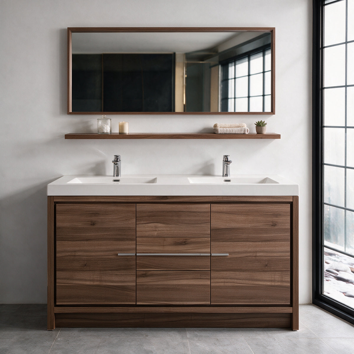 Tablette Murale en Noyer 60 Pouces pour Rangement Salle de Bain