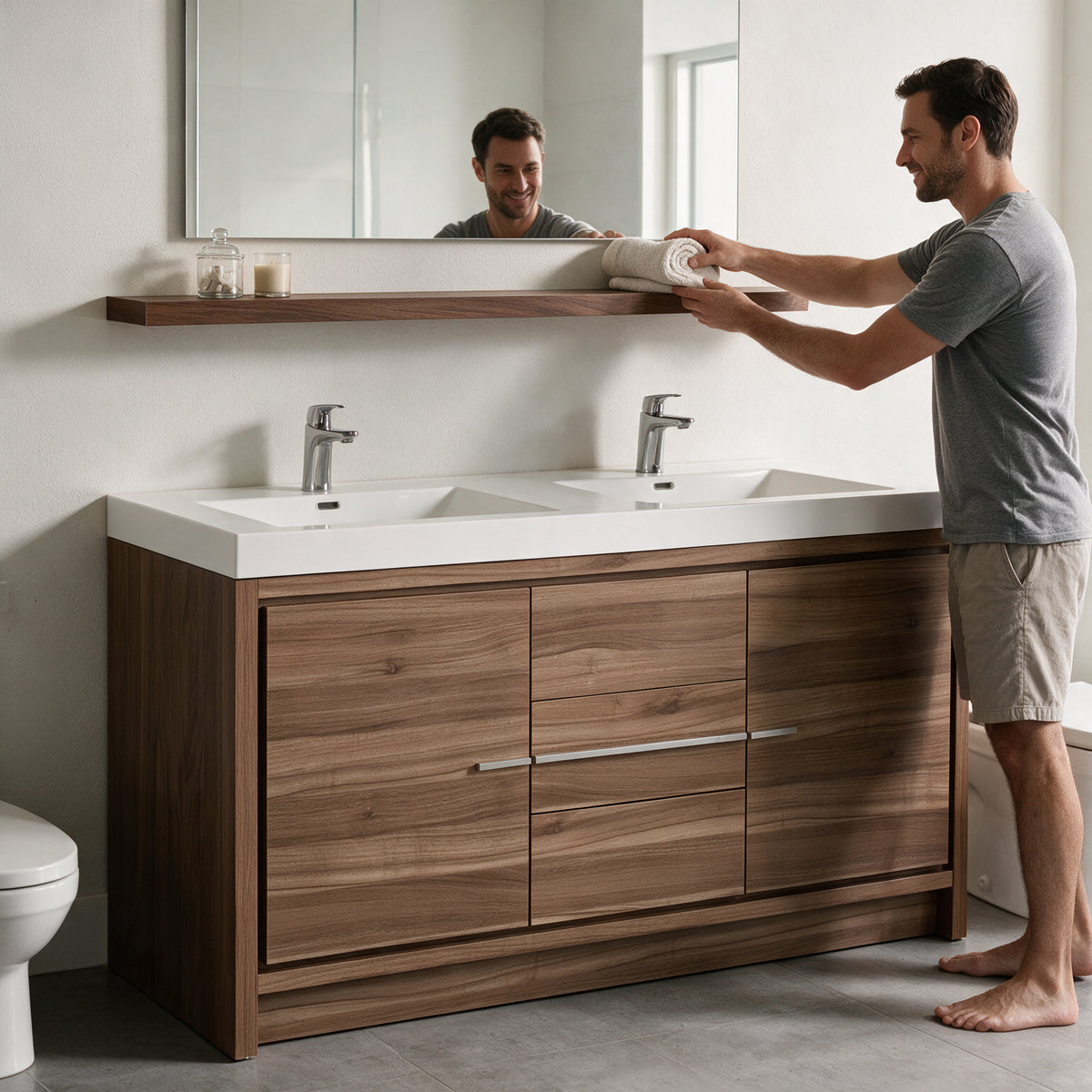 60 Inch Wall-Mount Walnut Shelf for Bathroom Vanity Storage