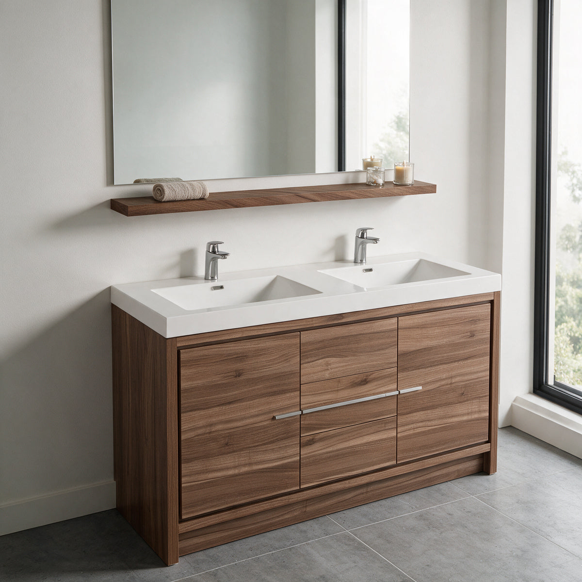 60 Inch Wall-Mount Walnut Shelf for Bathroom Vanity Storage