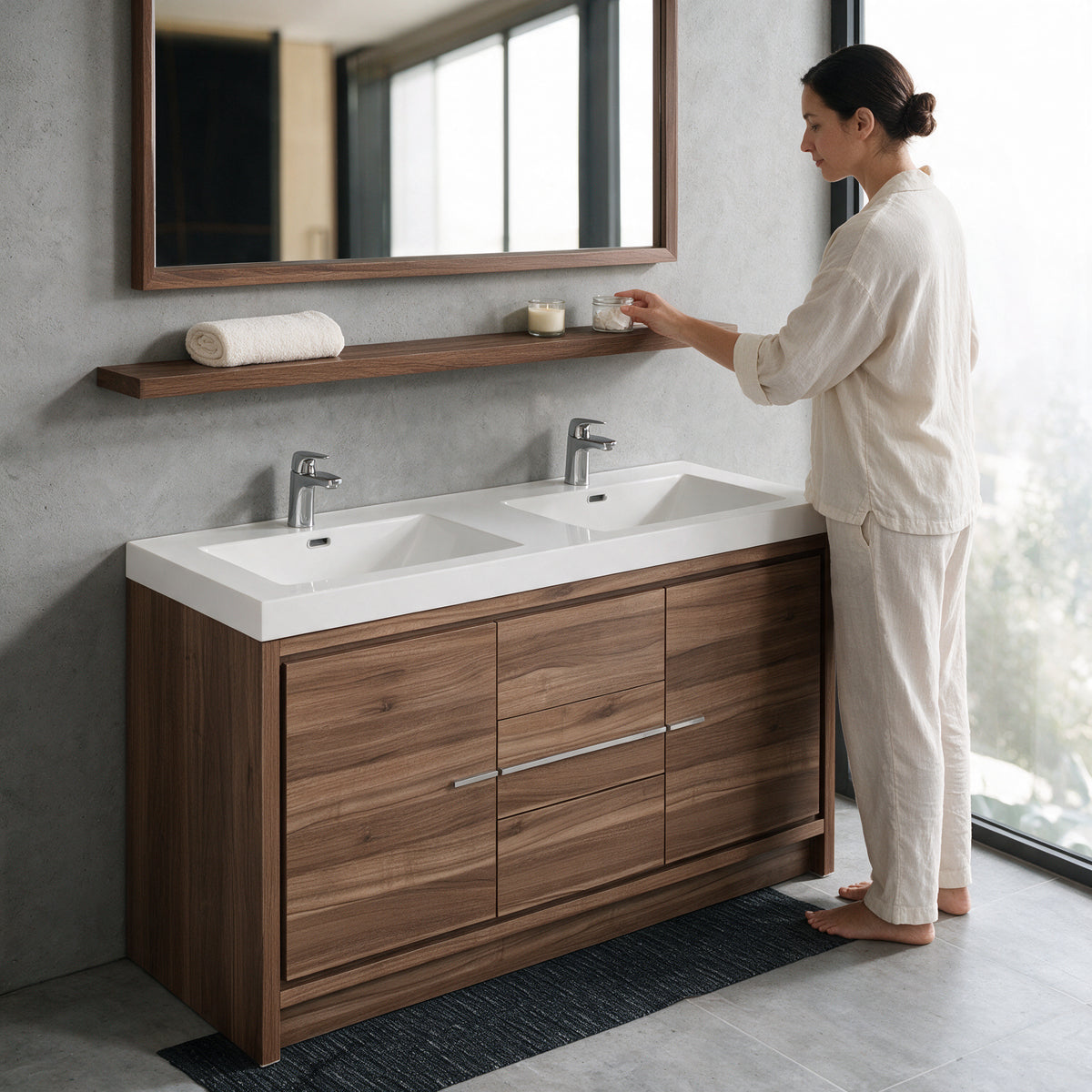 60 Inch Wall-Mount Walnut Shelf for Bathroom Vanity Storage