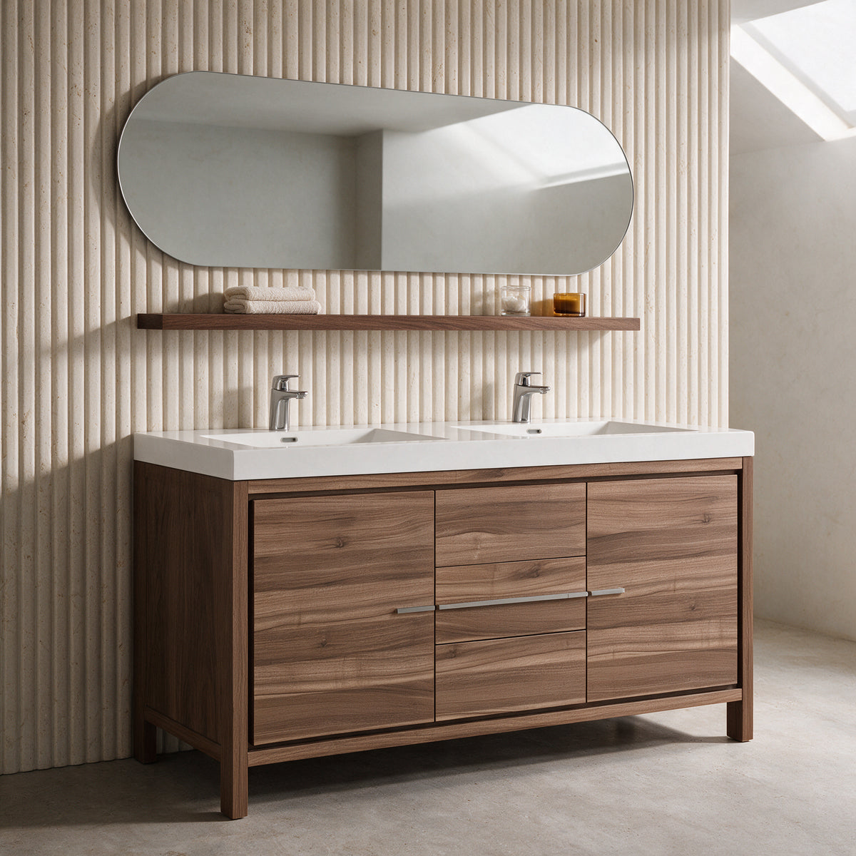 60 Inch Wall-Mount Walnut Shelf for Bathroom Vanity Storage