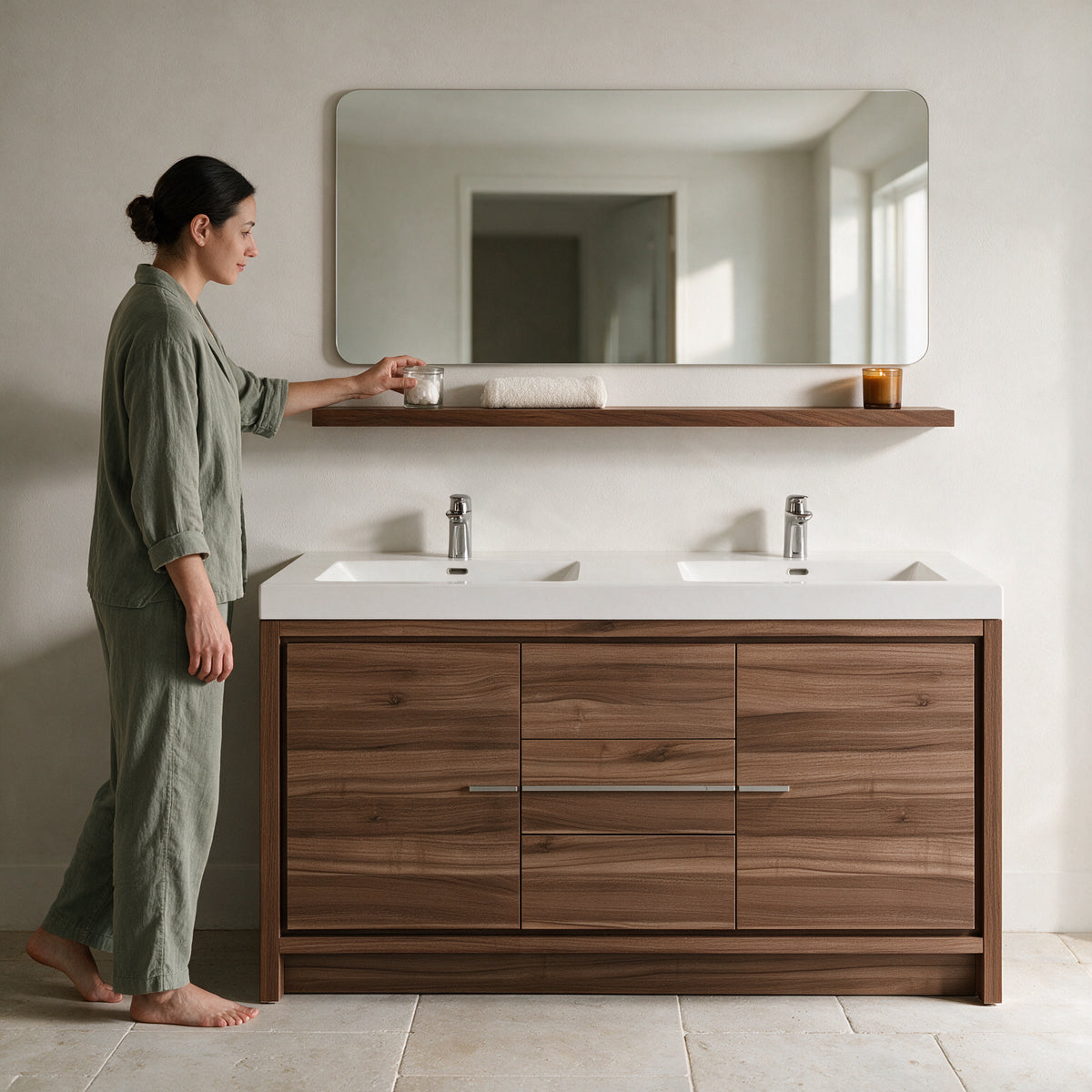 60 Inch Wall-Mount Walnut Shelf for Bathroom Vanity Storage