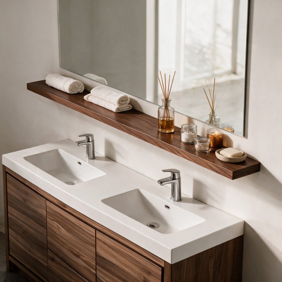 Tablette Murale en Noyer 60 Pouces pour Rangement Salle de Bain