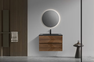 30" Walnut Wall Mount Single Sink Bathroom Vanity with Black Engineered Quartz Countertop