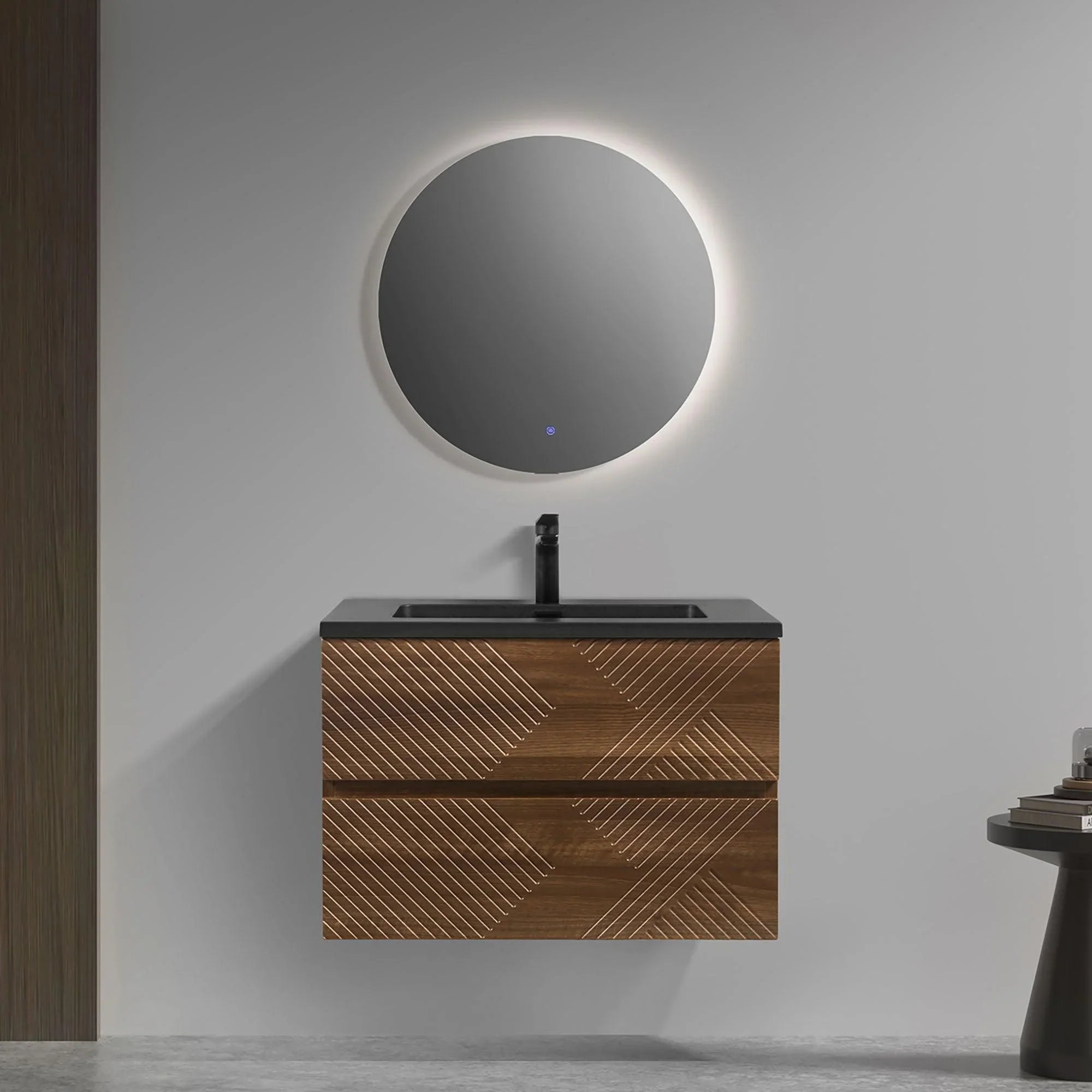 30" Walnut Wall Mount Single Sink Bathroom Vanity with Black Engineered Quartz Countertop