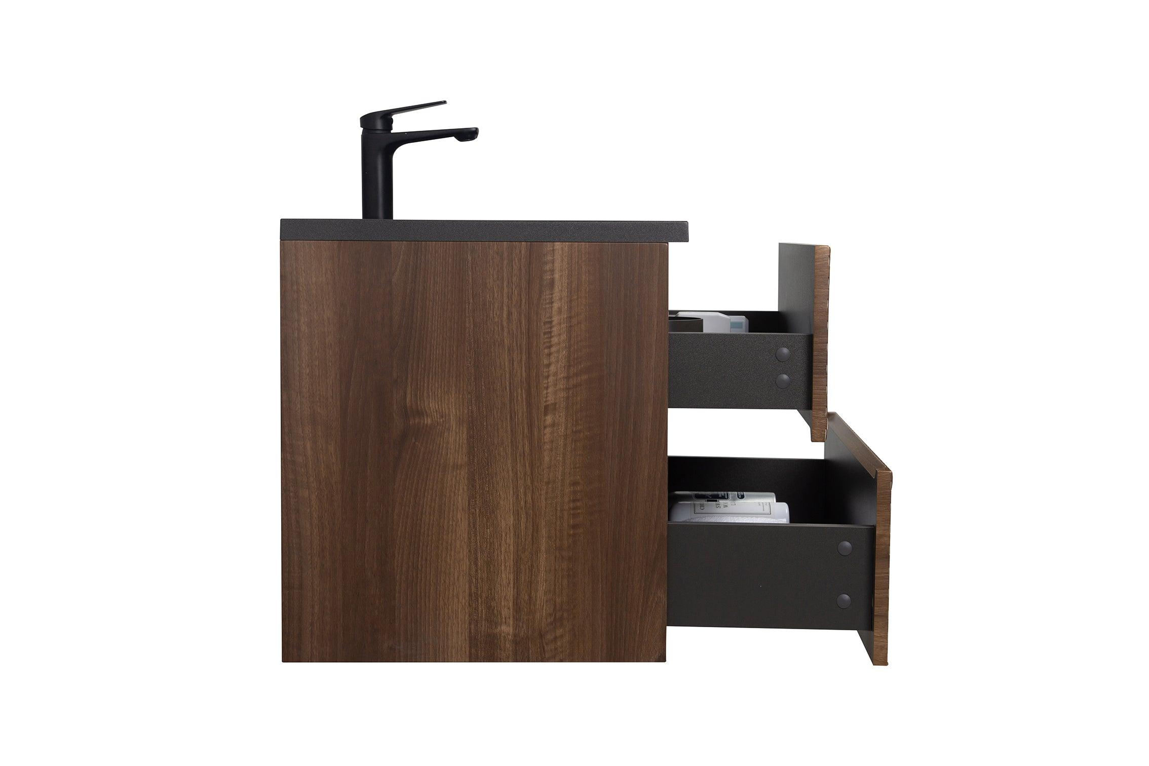 30" Walnut Wall Mount Single Sink Bathroom Vanity with Black Engineered Quartz Countertop