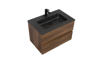 30" Walnut Wall Mount Single Sink Bathroom Vanity with Black Engineered Quartz Countertop