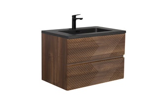 30" Walnut Wall Mount Single Sink Bathroom Vanity with Black Engineered Quartz Countertop