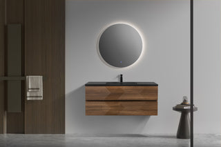 48" Walnut Wall Mount Single Sink Bathroom Vanity with Black Engineered Quartz Countertop