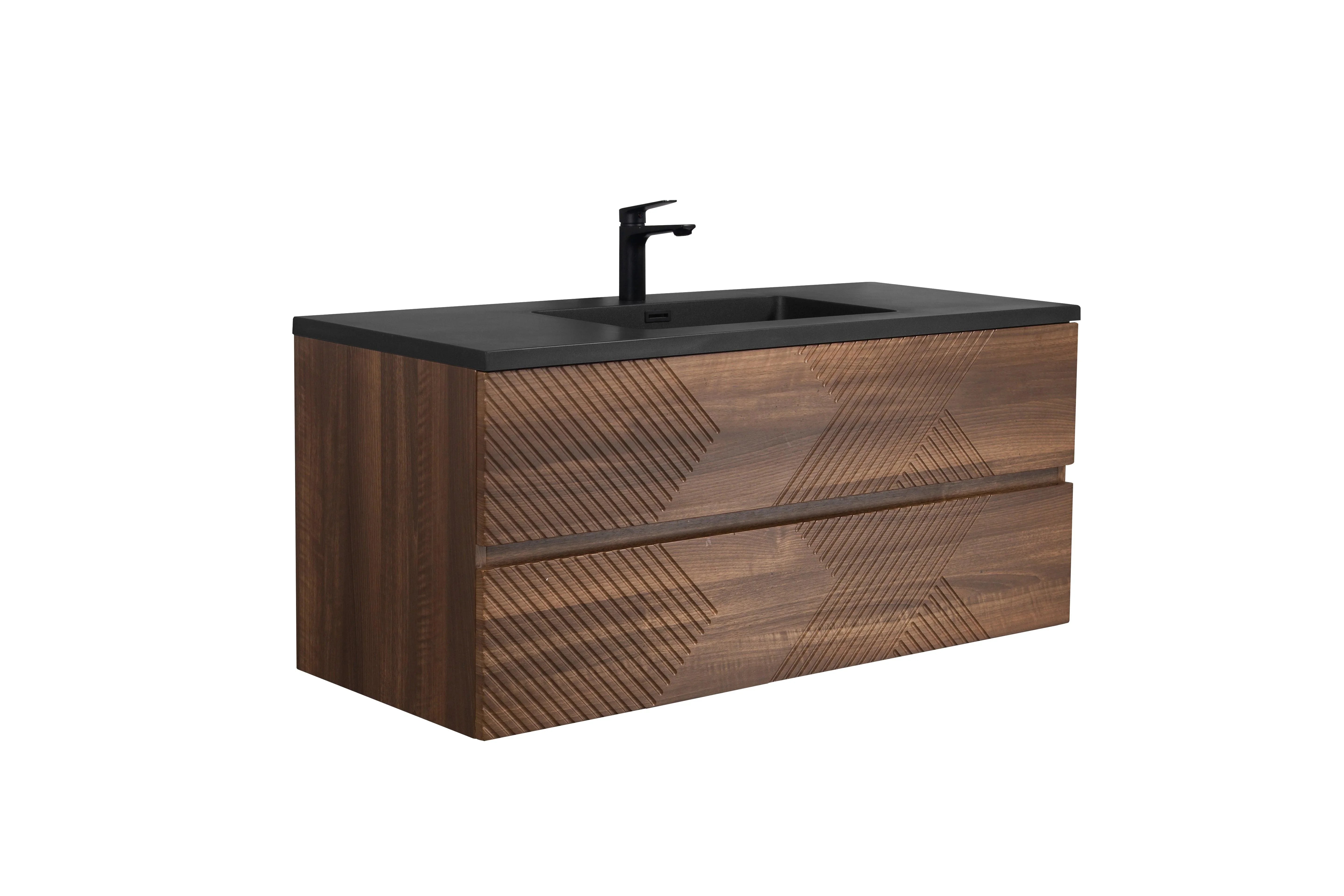 48" Walnut Wall Mount Single Sink Bathroom Vanity with Black Engineered Quartz Countertop