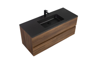 48" Walnut Wall Mount Single Sink Bathroom Vanity with Black Engineered Quartz Countertop